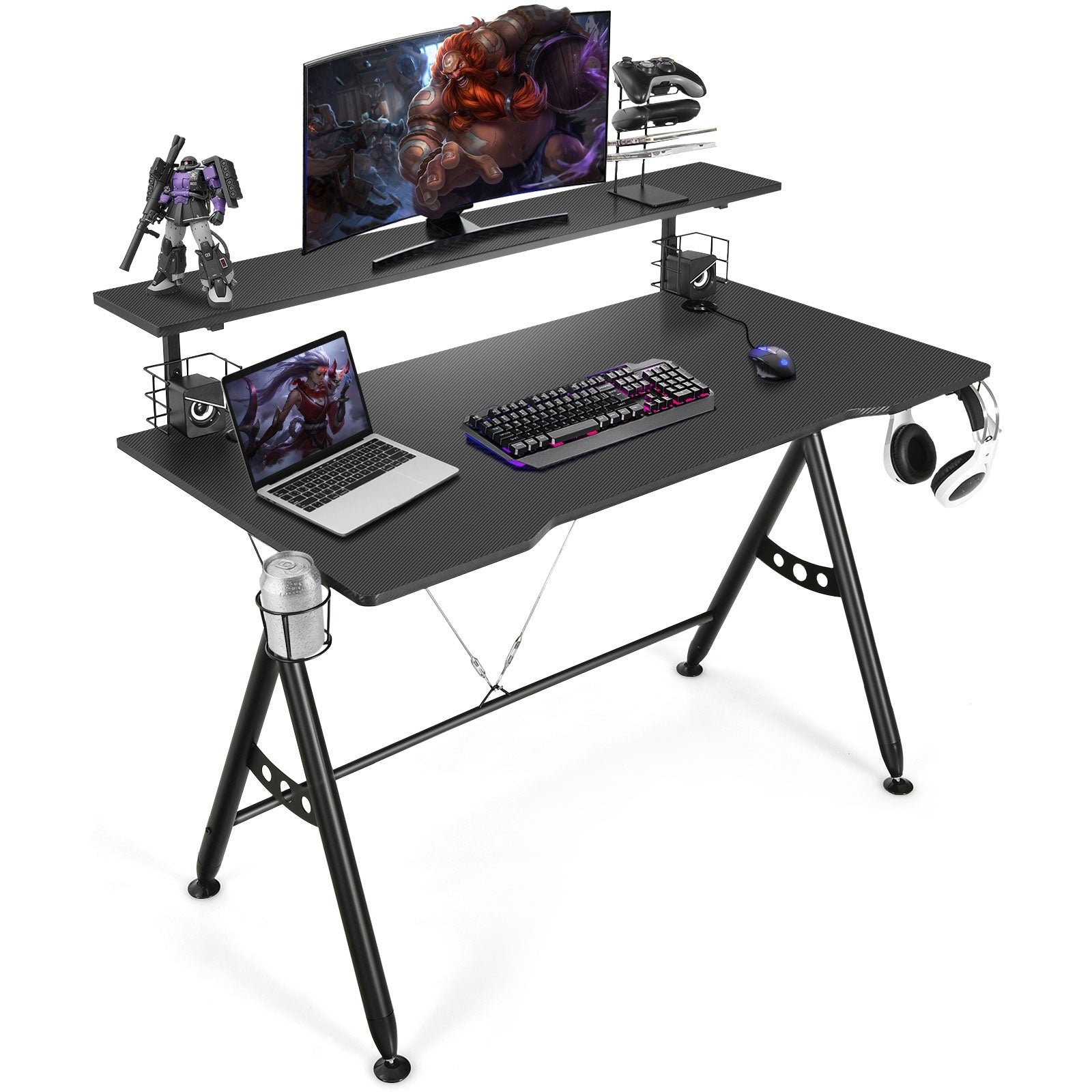 E-Sports Gaming Desk with Monitor Shelf and Cup Holder