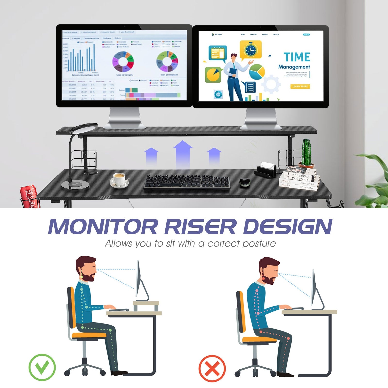 E-Sports Gaming Desk with Monitor Shelf and Cup Holder