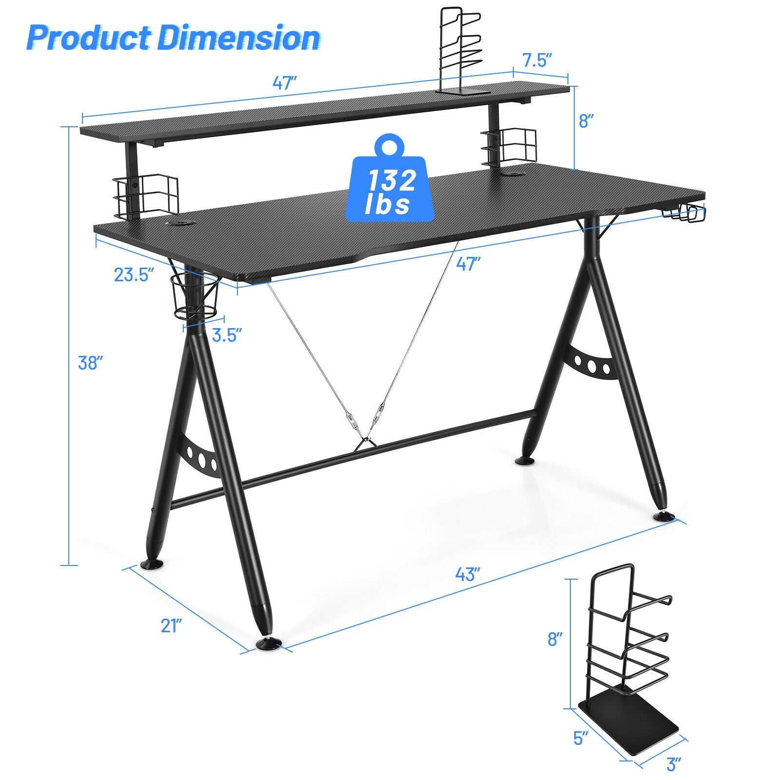 E-Sports Gaming Desk with Monitor Shelf and Cup Holder