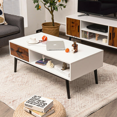 Rectangular Wooden Coffee Table with Drawer and Open Storage ShelfÂ 