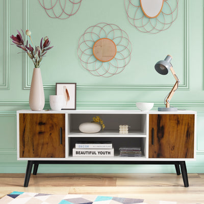 Mid-Century Wood TV Stand for 55 Inch with 2 Cabinets and Open Shelves 