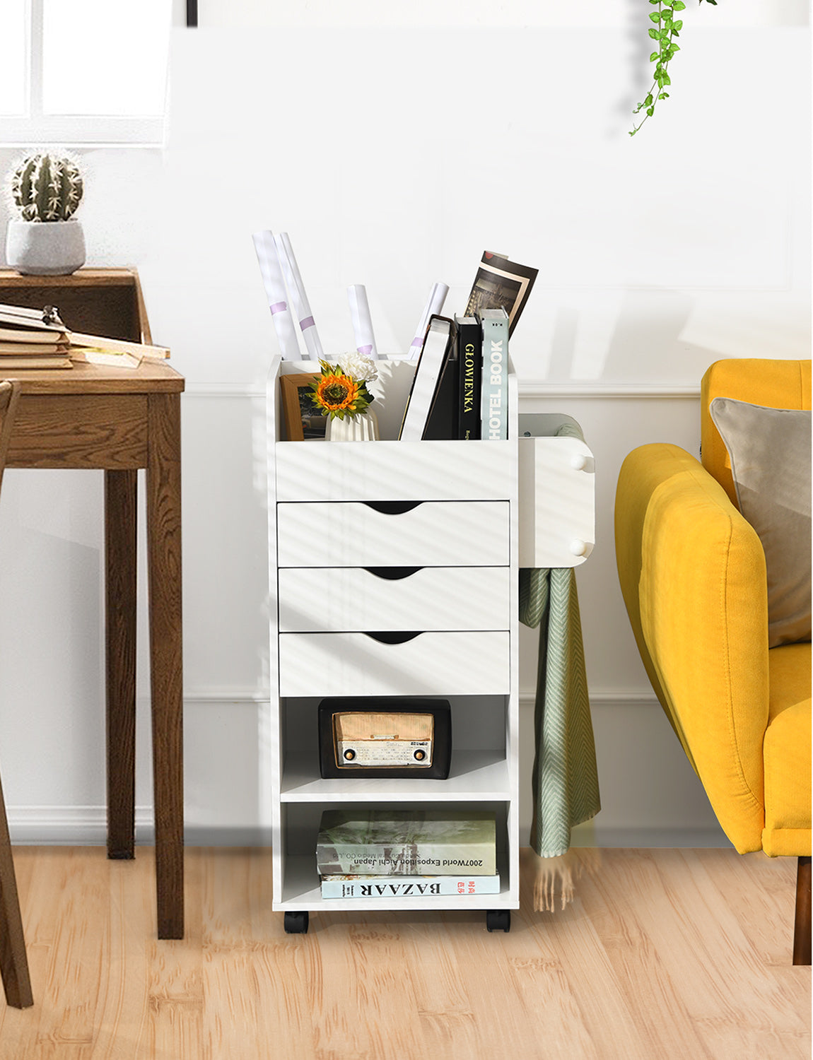 Wooden Utility Rolling Craft Storage Cart-White