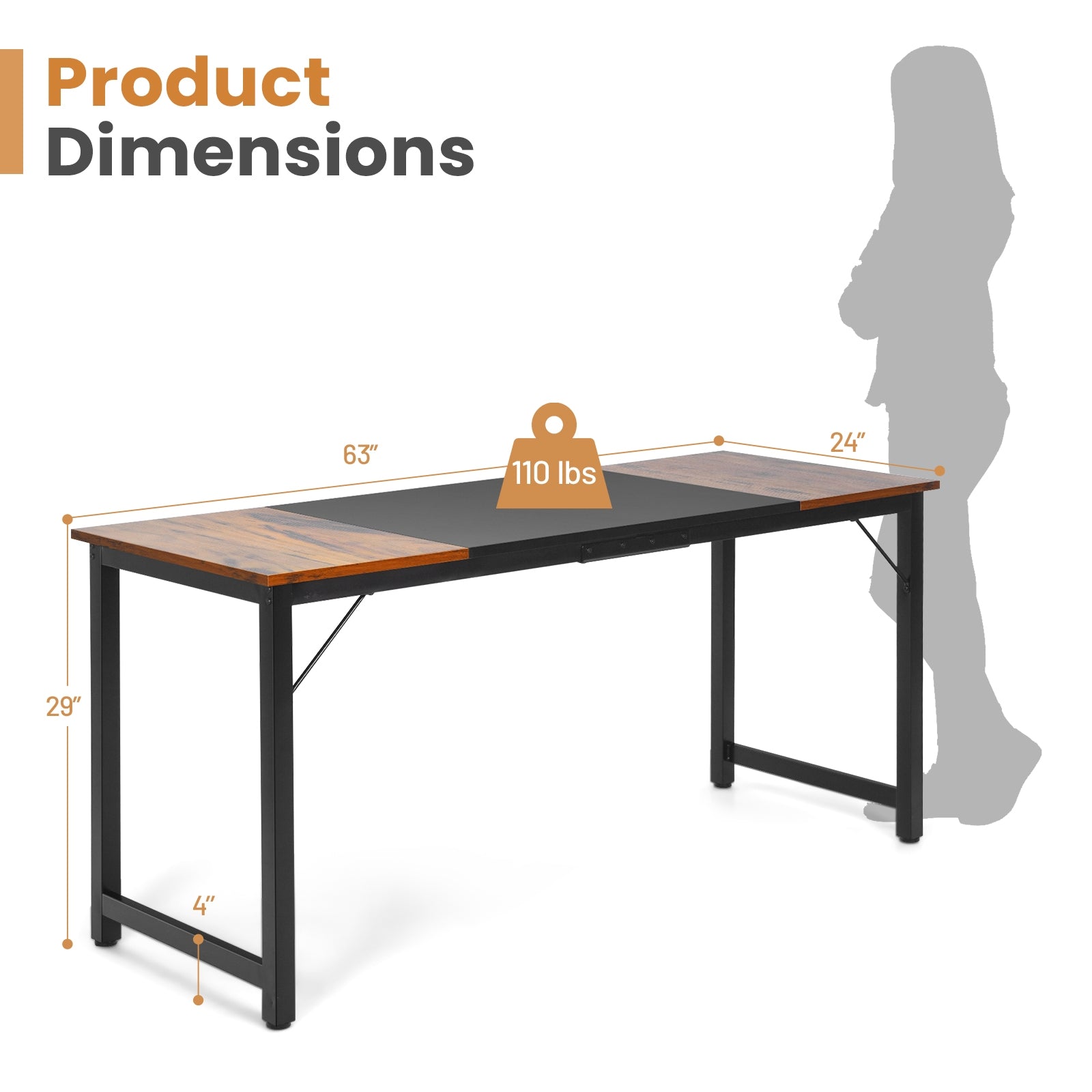 63 Inch Modern Splice Computer Desk with Heavy Duty Steel Frame