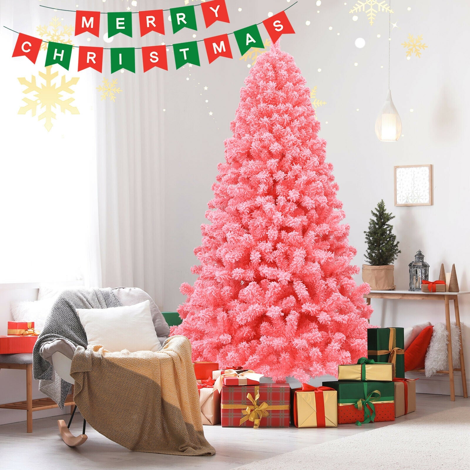 Pink Christmas Tree with Snow Flocked PVC Tips and Metal Stand-7.5 ft