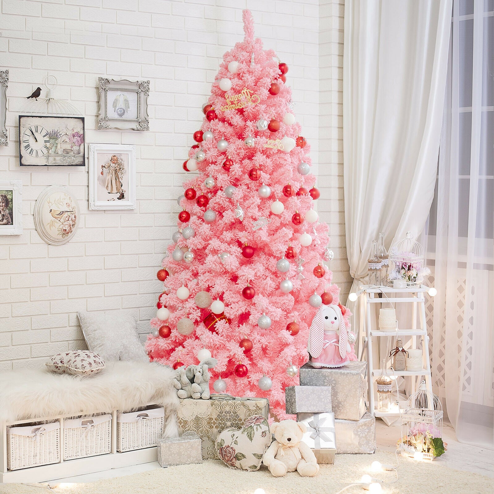 Pink Christmas Tree with Snow Flocked PVC Tips and Metal Stand-7.5 ft