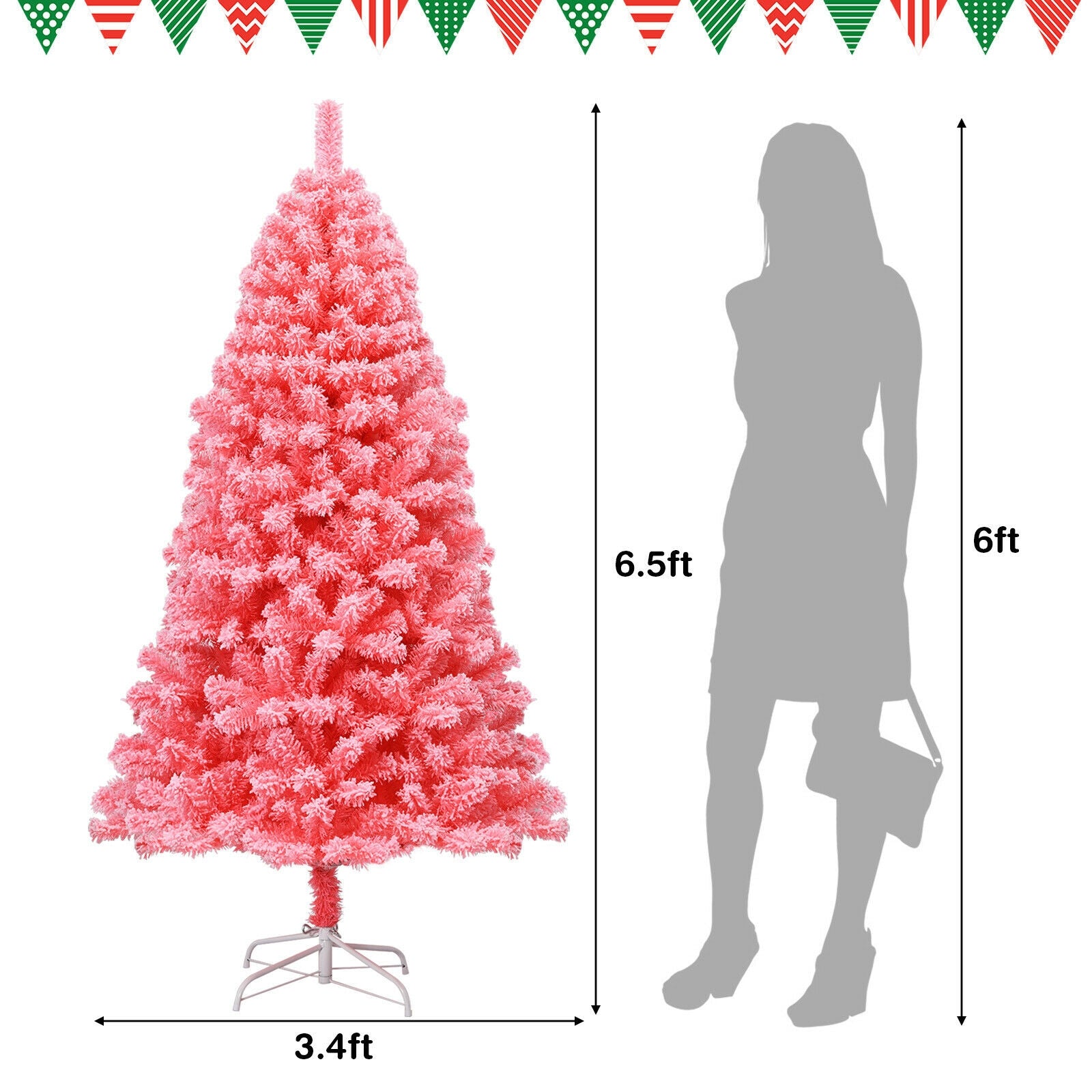 Pink Christmas Tree with Snow Flocked PVC Tips and Metal Stand-6.5 ft