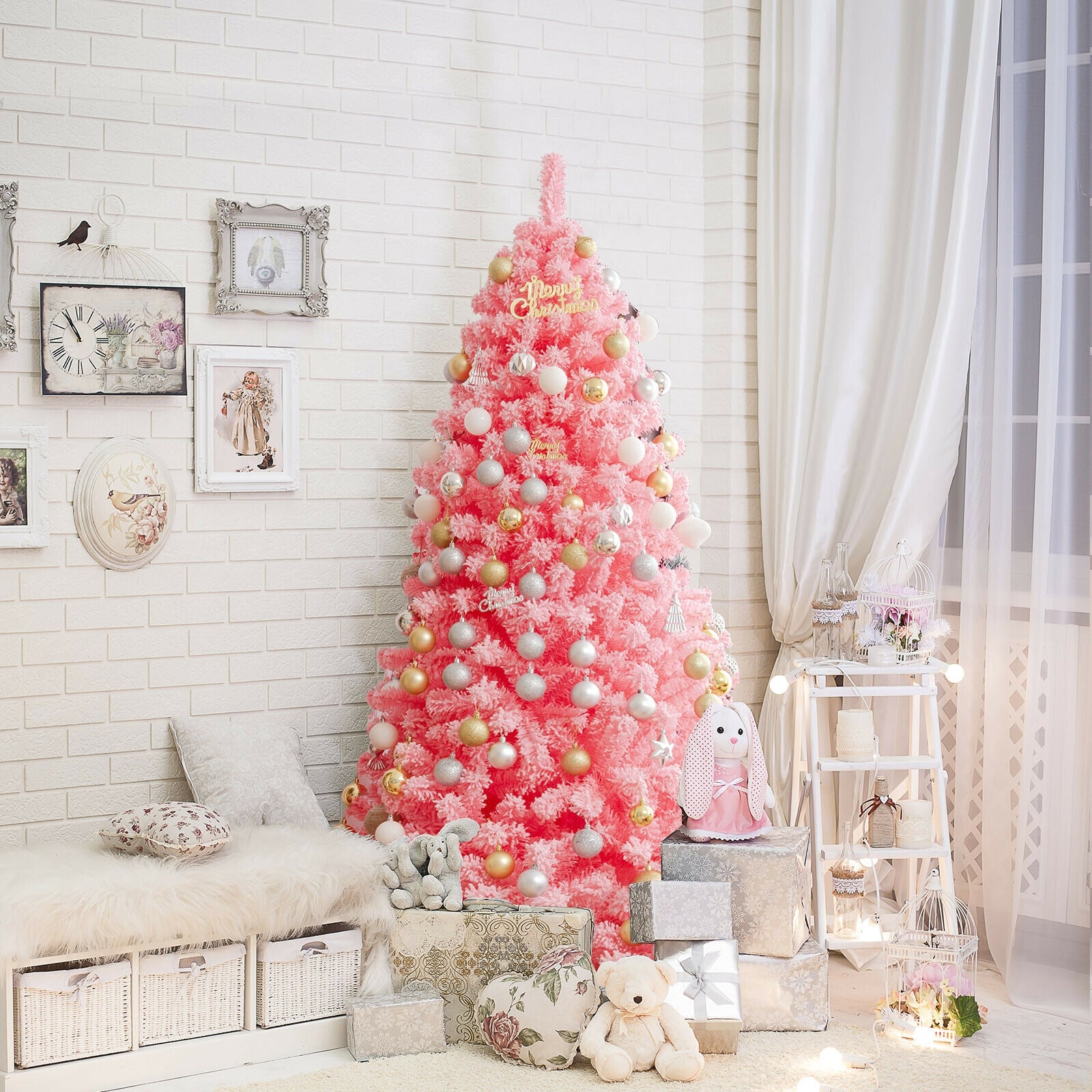 Pink Christmas Tree with Snow Flocked PVC Tips and Metal Stand-6.5 ft