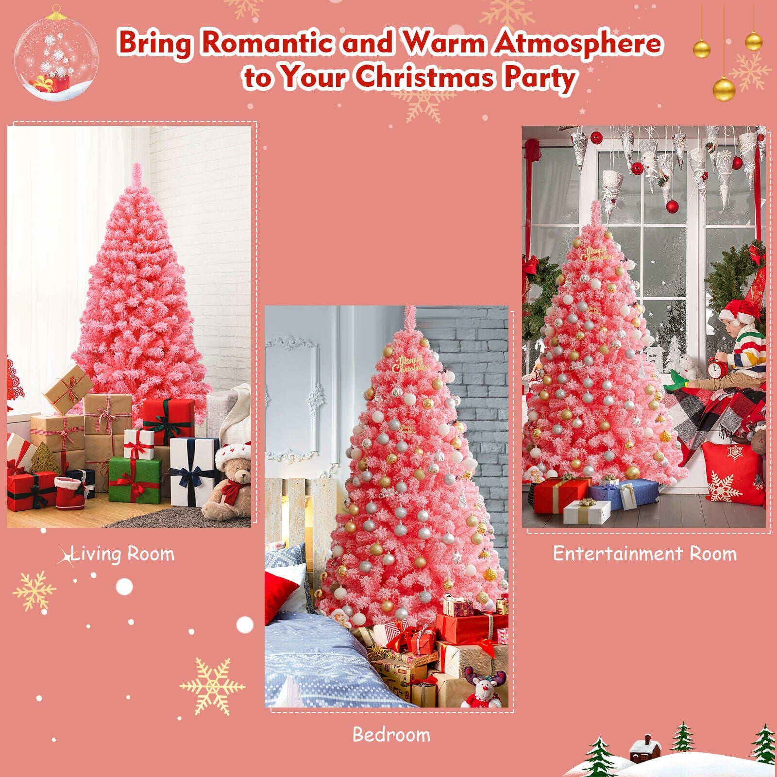 Pink Christmas Tree with Snow Flocked PVC Tips and Metal Stand-6.5 ft