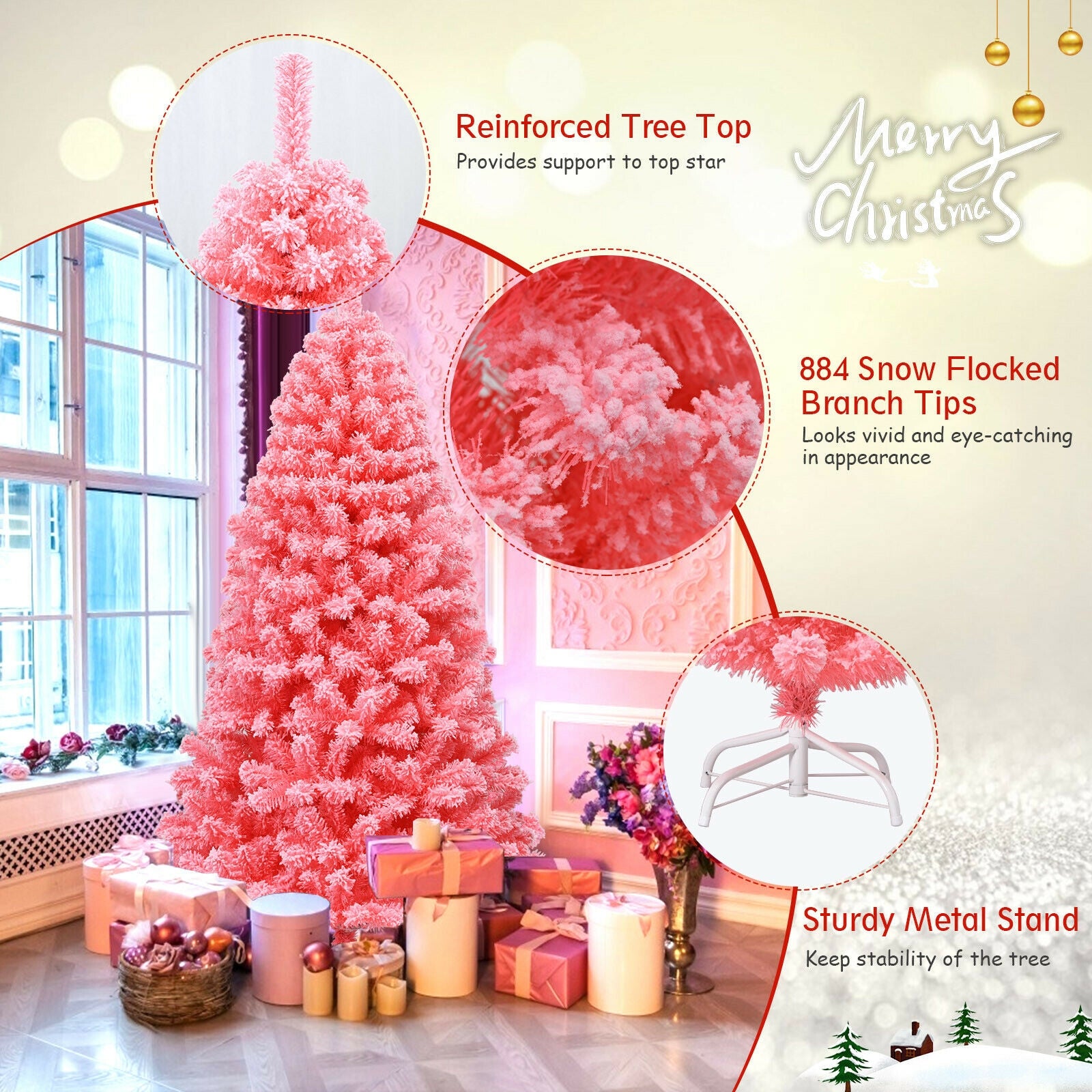 Pink Christmas Tree with Snow Flocked PVC Tips and Metal Stand-6.5 ft