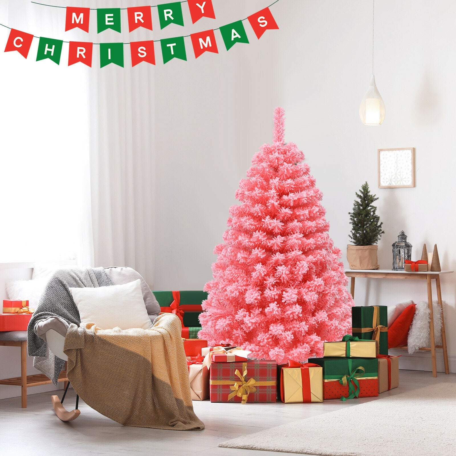 Pink Christmas Tree with Snow Flocked PVC Tips and Metal Stand-4.5 ft