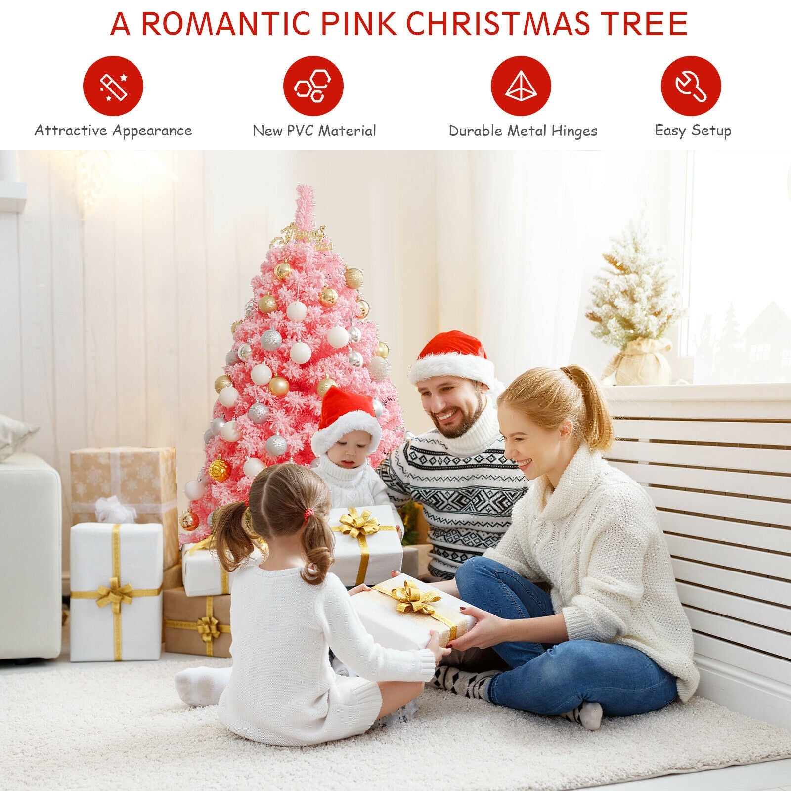 Pink Christmas Tree with Snow Flocked PVC Tips and Metal Stand-4.5 ft