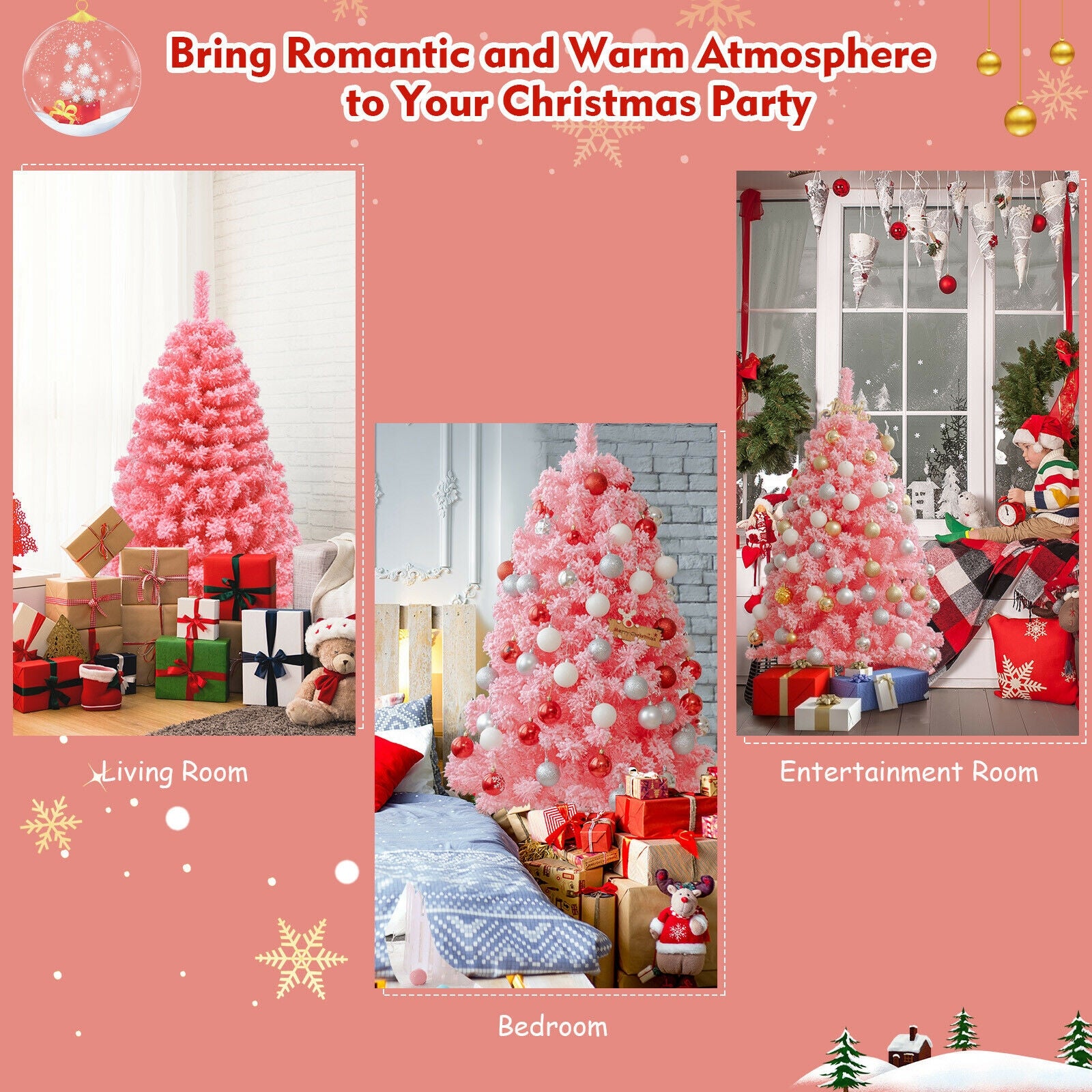 Pink Christmas Tree with Snow Flocked PVC Tips and Metal Stand-4.5 ft