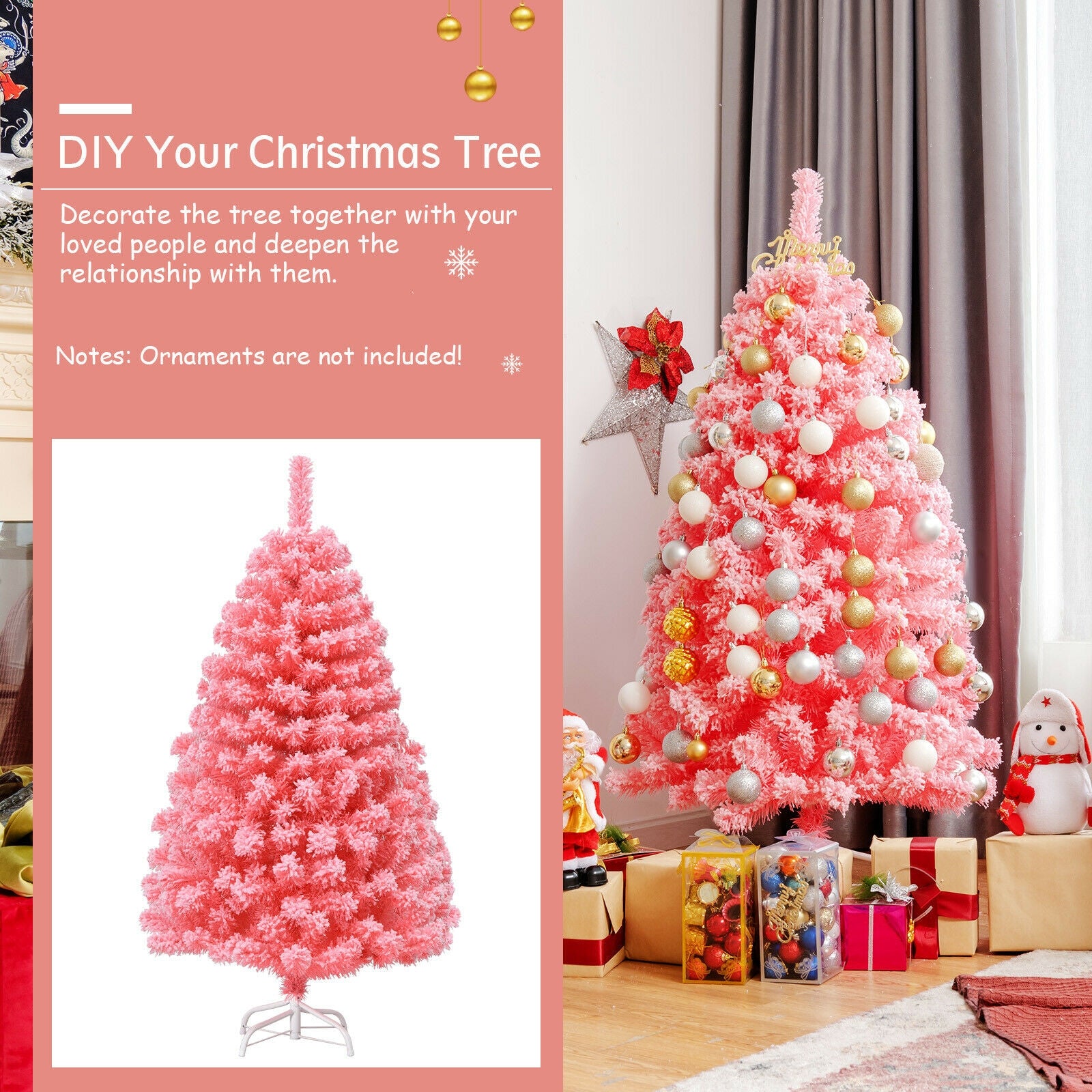 Pink Christmas Tree with Snow Flocked PVC Tips and Metal Stand-4.5 ft