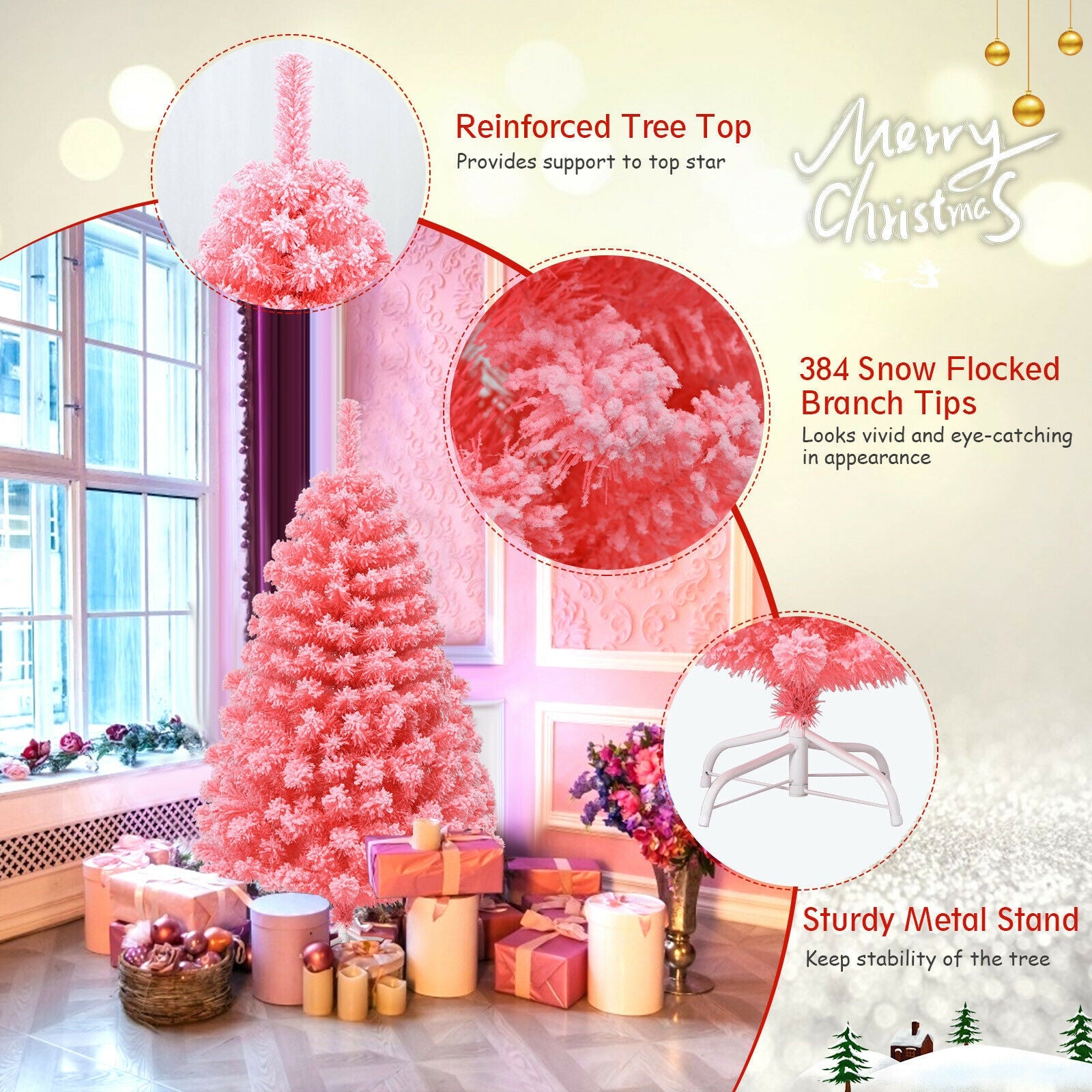 Pink Christmas Tree with Snow Flocked PVC Tips and Metal Stand-4.5 ft