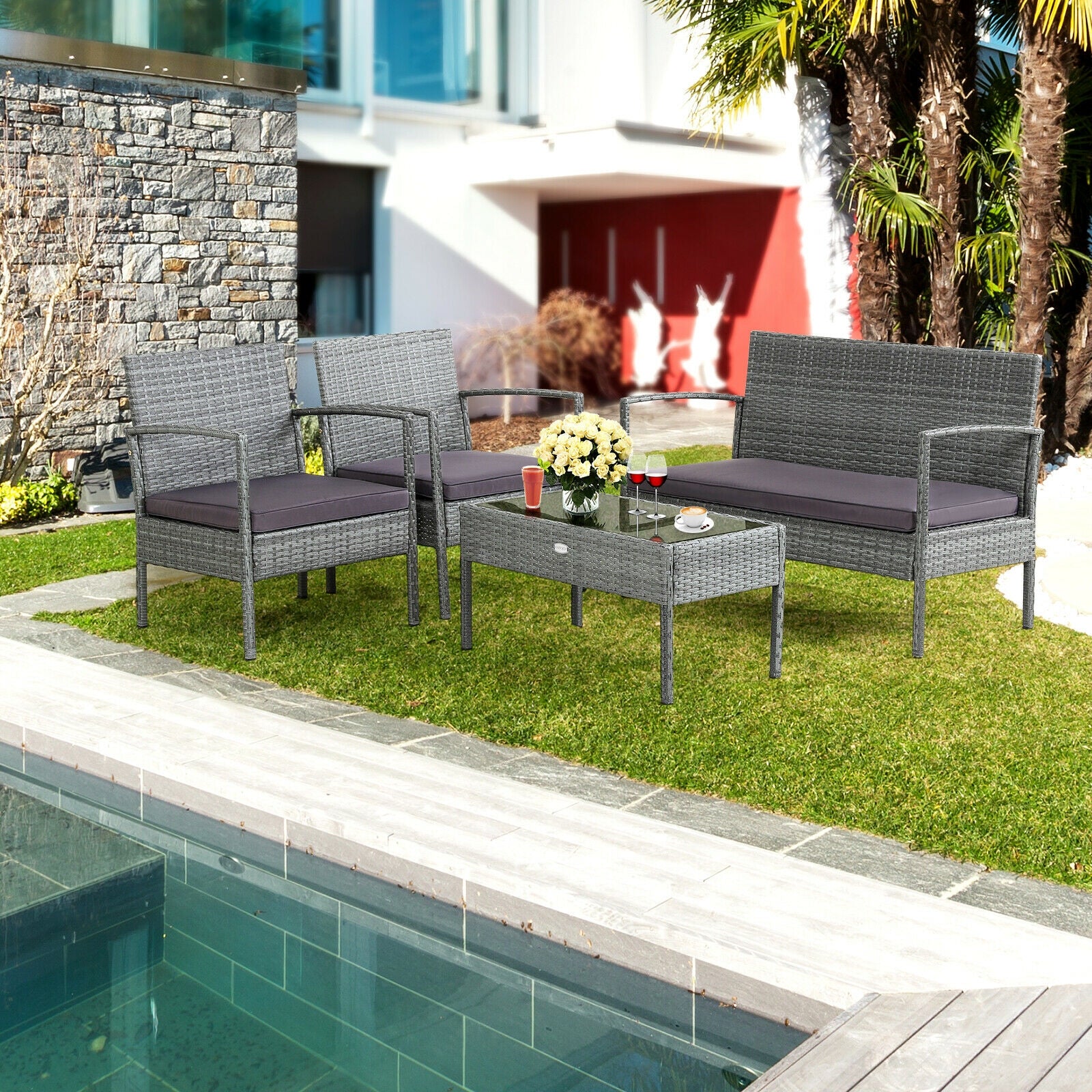 4 Pieces Outdoor Rattan Conversation Set with Comfortable Cushion 