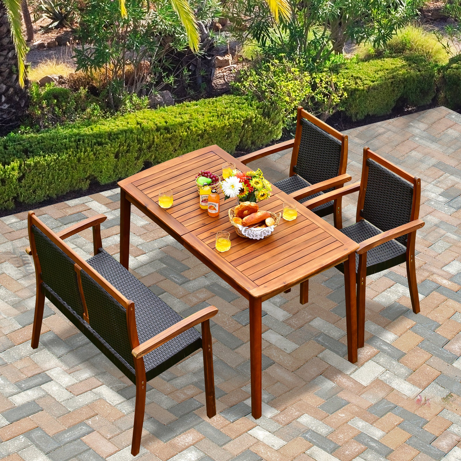 4 Pieces Acacia Wood Patio Rattan Dining Furniture Set