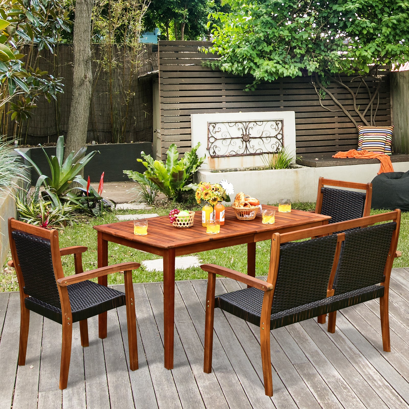 4 Pieces Acacia Wood Patio Rattan Dining Furniture Set 