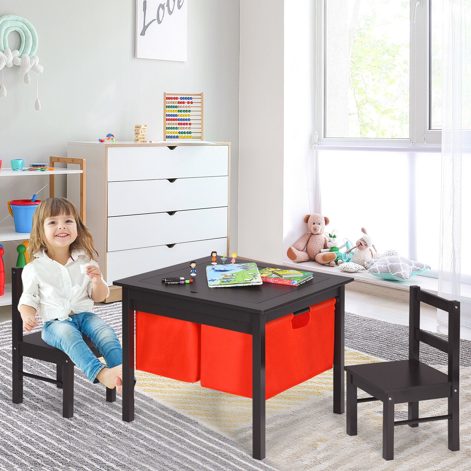 2-in-1 Kids Activity Table and 2 Chairs Set with Storage Building Block Table-Dark Brown