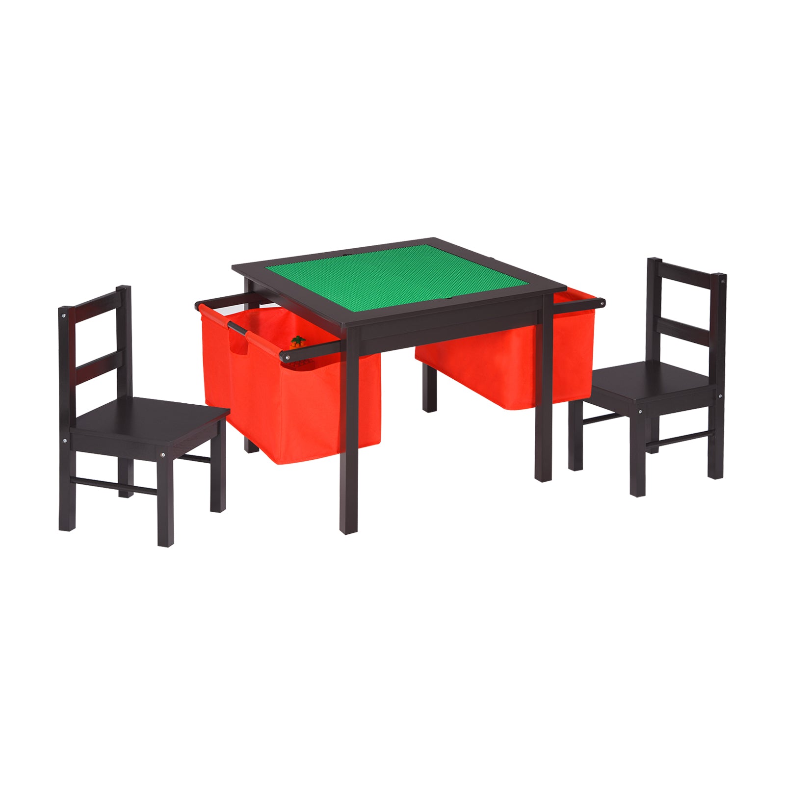 2-in-1 Kids Activity Table and 2 Chairs Set with Storage Building Block Table-Dark Brown