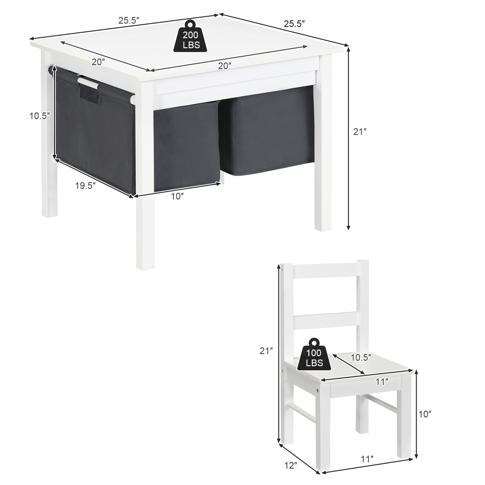 2-in-1 Kids Activity Table and 2 Chairs Set with Storage Building Block Table-White