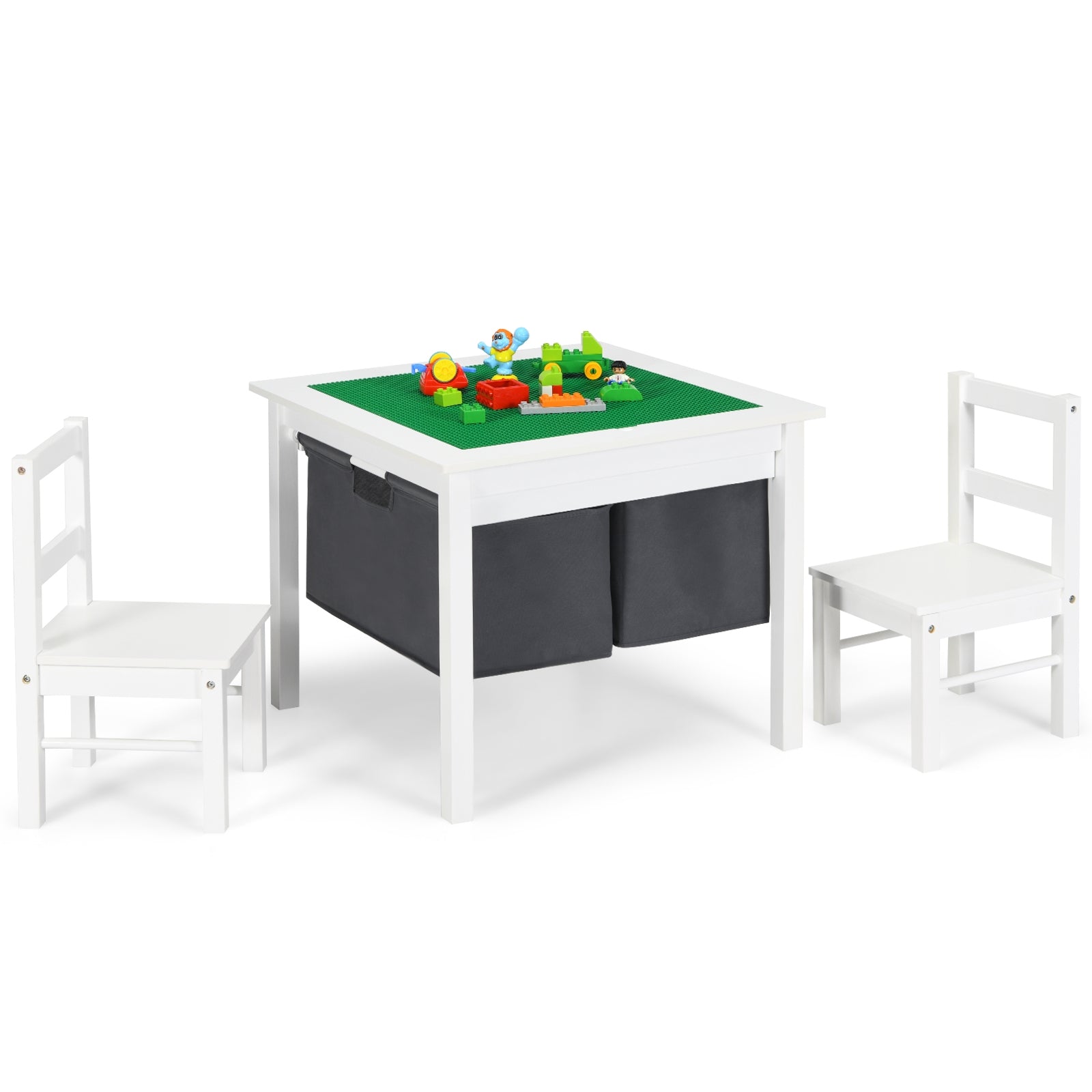 2-in-1 Kids Activity Table and 2 Chairs Set with Storage Building Block Table-White