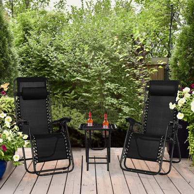 3 Pieces Folding Portable Zero Gravity Reclining Lounge Chairs Table Set-BlackÂ 