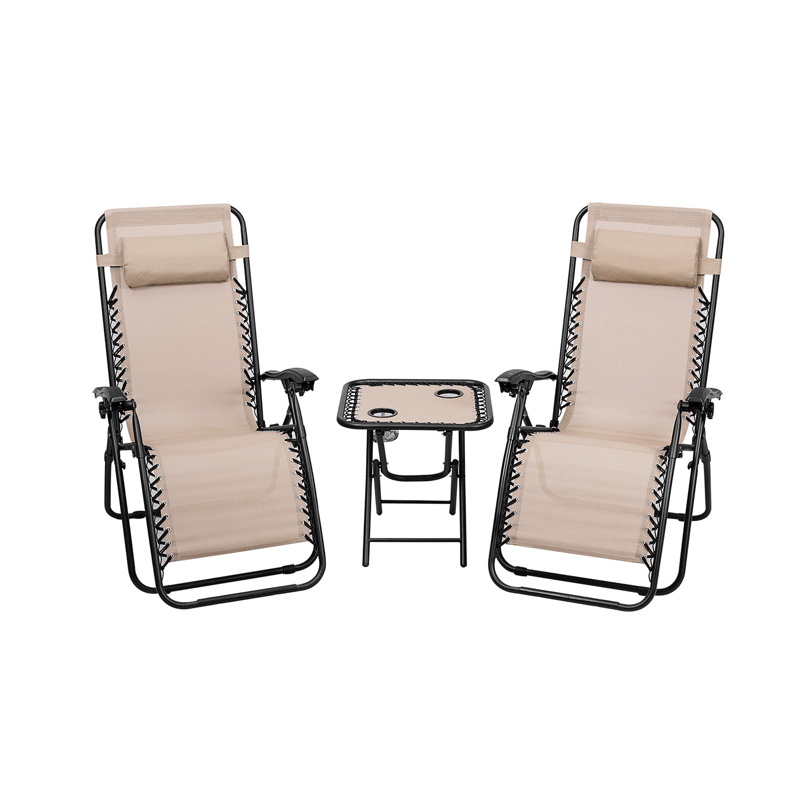 3 Pieces Folding Portable Zero Gravity Reclining Lounge Chairs Table Set-Beige