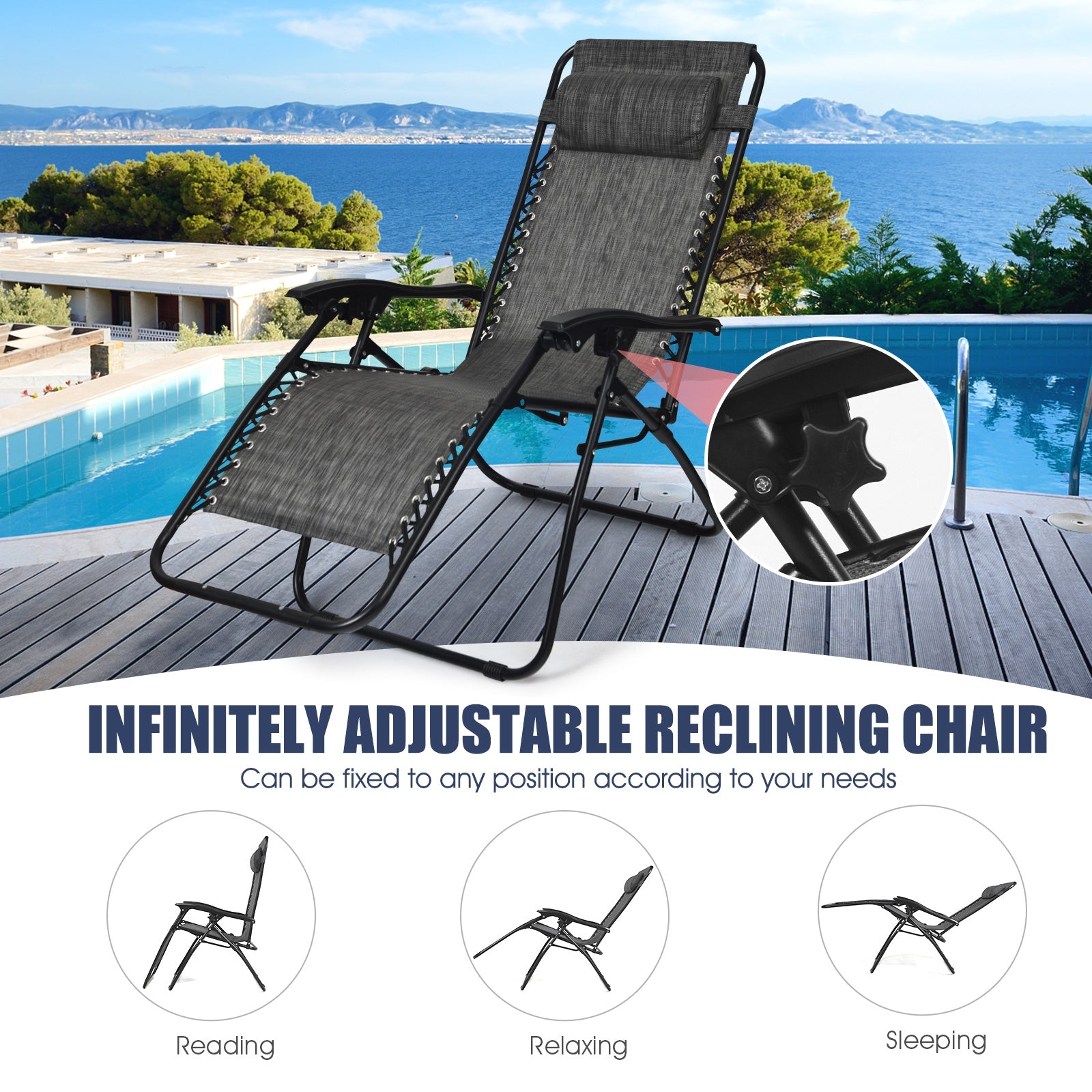 3 Pcs Folding Portable Zero Gravity Reclining Lounge Chairs Table-Gray