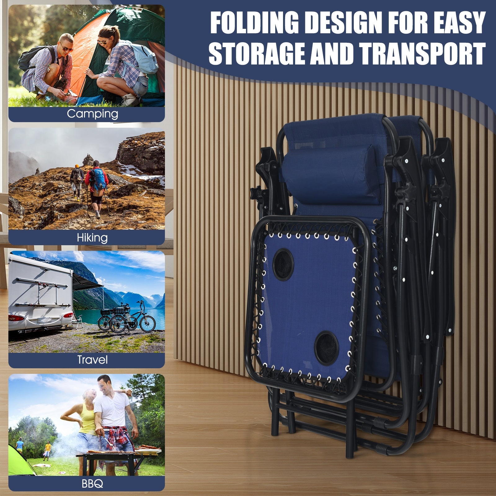 3 Pcs Folding Portable Zero Gravity Reclining Lounge Chairs Table-Navy