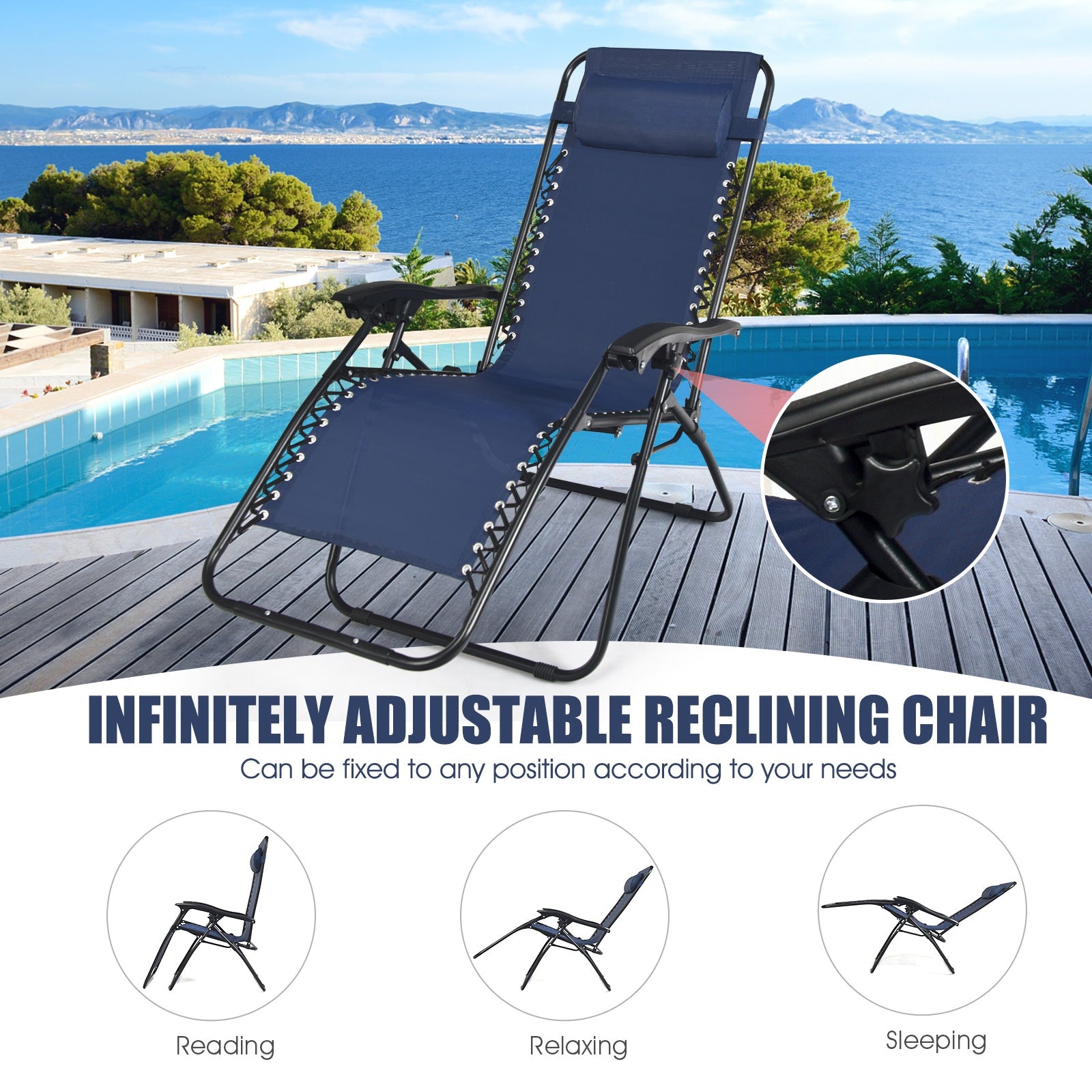 3 Pcs Folding Portable Zero Gravity Reclining Lounge Chairs Table-Navy