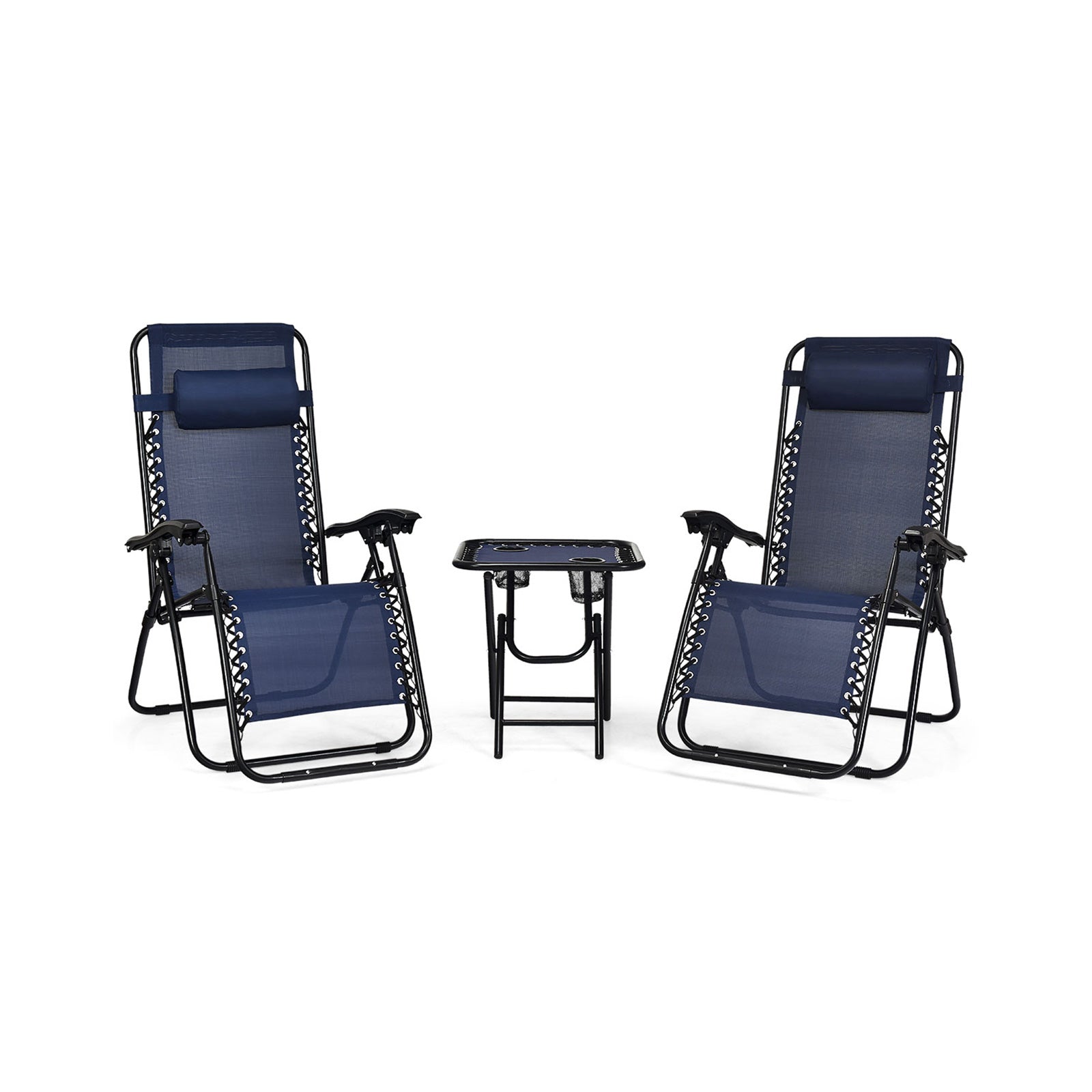 3 Pcs Folding Portable Zero Gravity Reclining Lounge Chairs Table-Navy