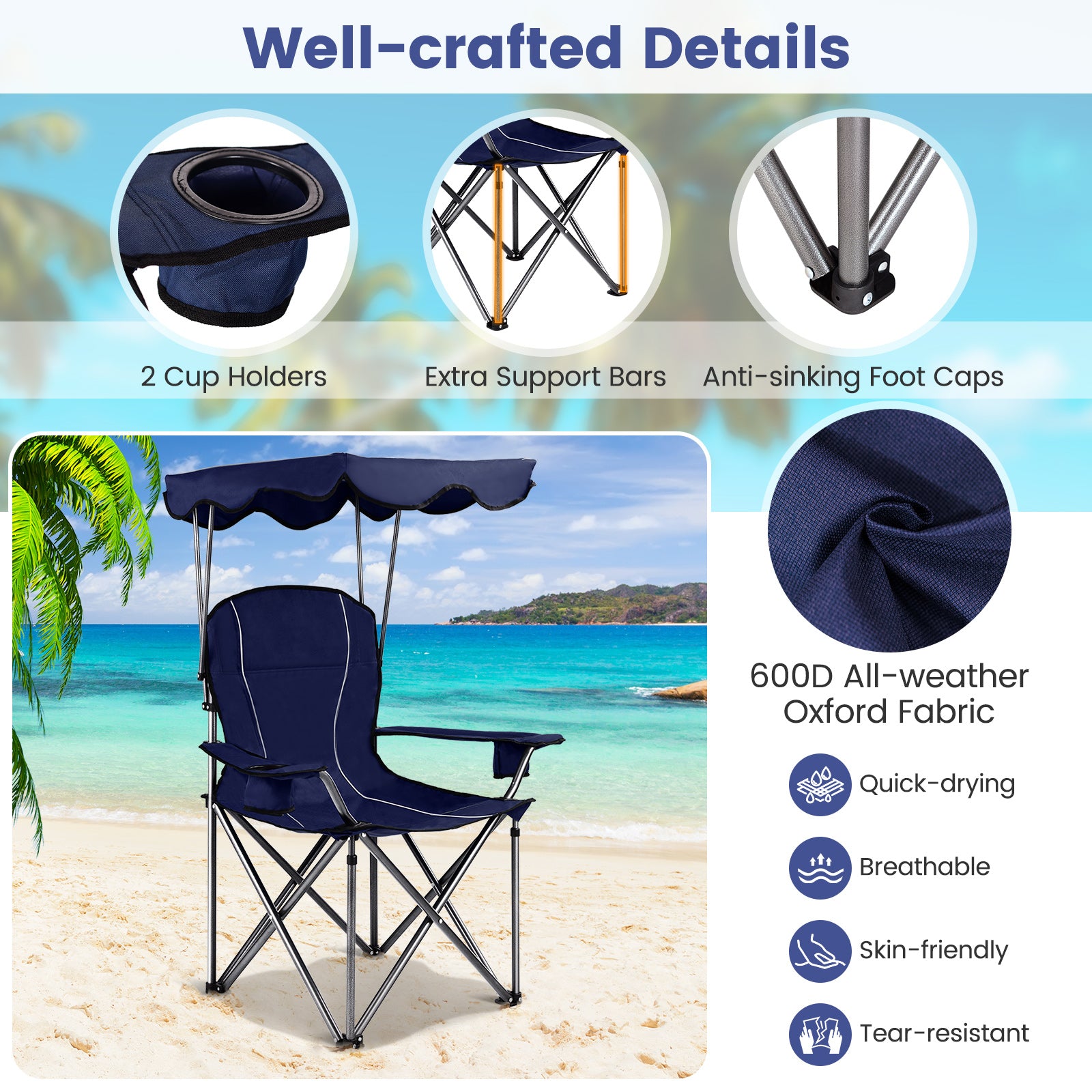 Portable Folding Beach Canopy Chair with Cup Holders-Blue