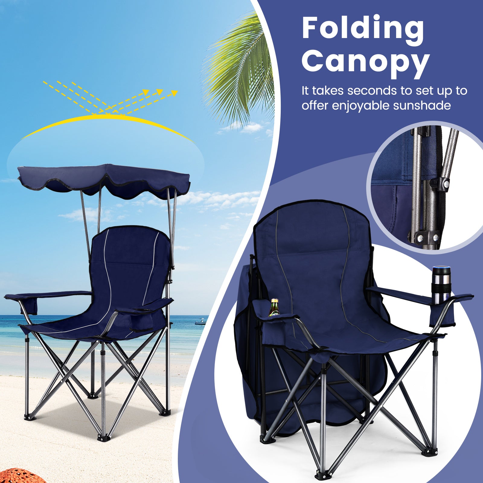 Portable Folding Beach Canopy Chair with Cup Holders-Blue