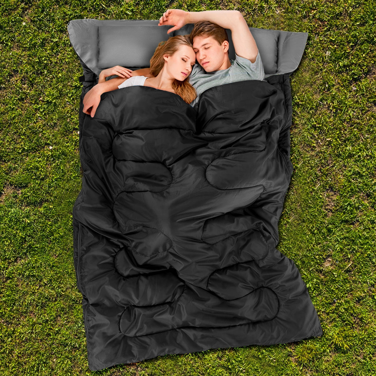 2 Person Waterproof Sleeping Bag with 2 Pillows-BlackÂ 