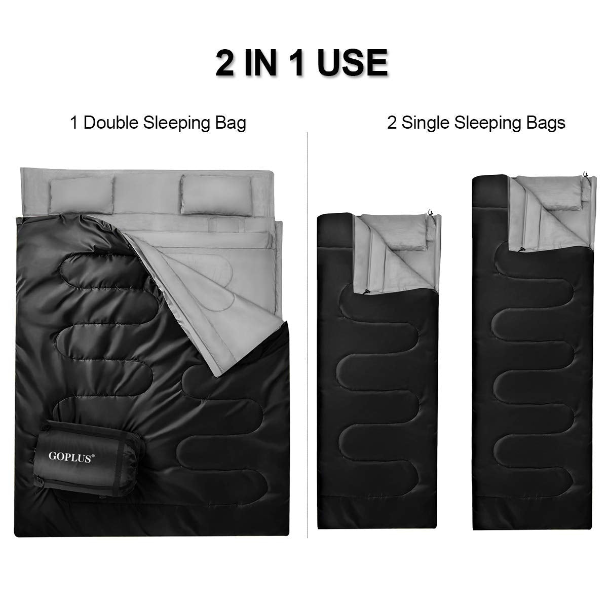 2 Person Waterproof Sleeping Bag with 2 Pillows-BlackÂ 