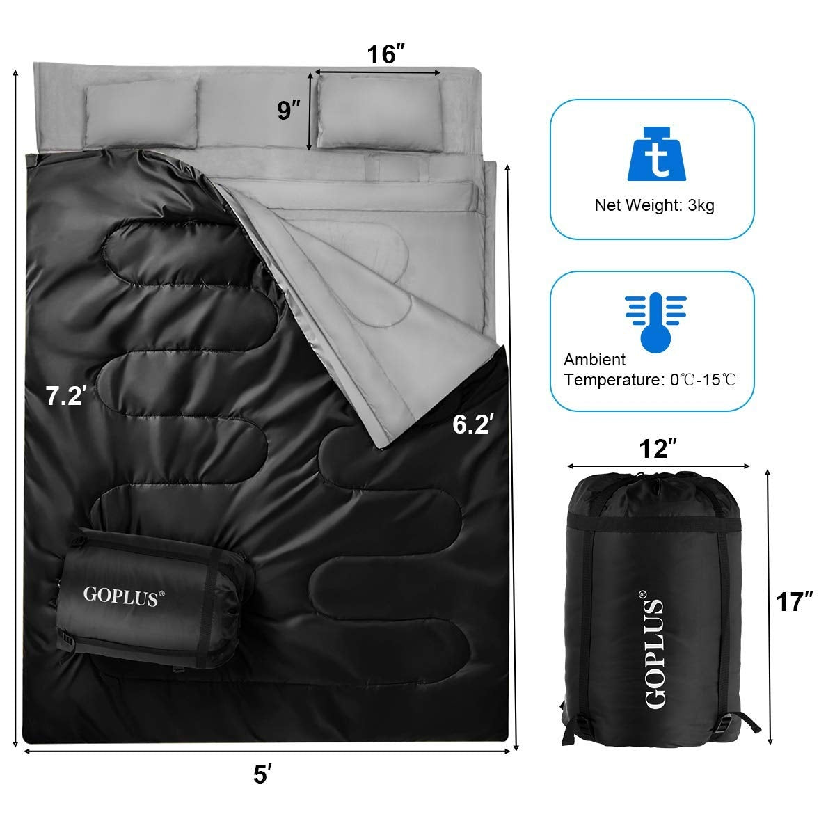 2 Person Waterproof Sleeping Bag with 2 Pillows-BlackÂ 