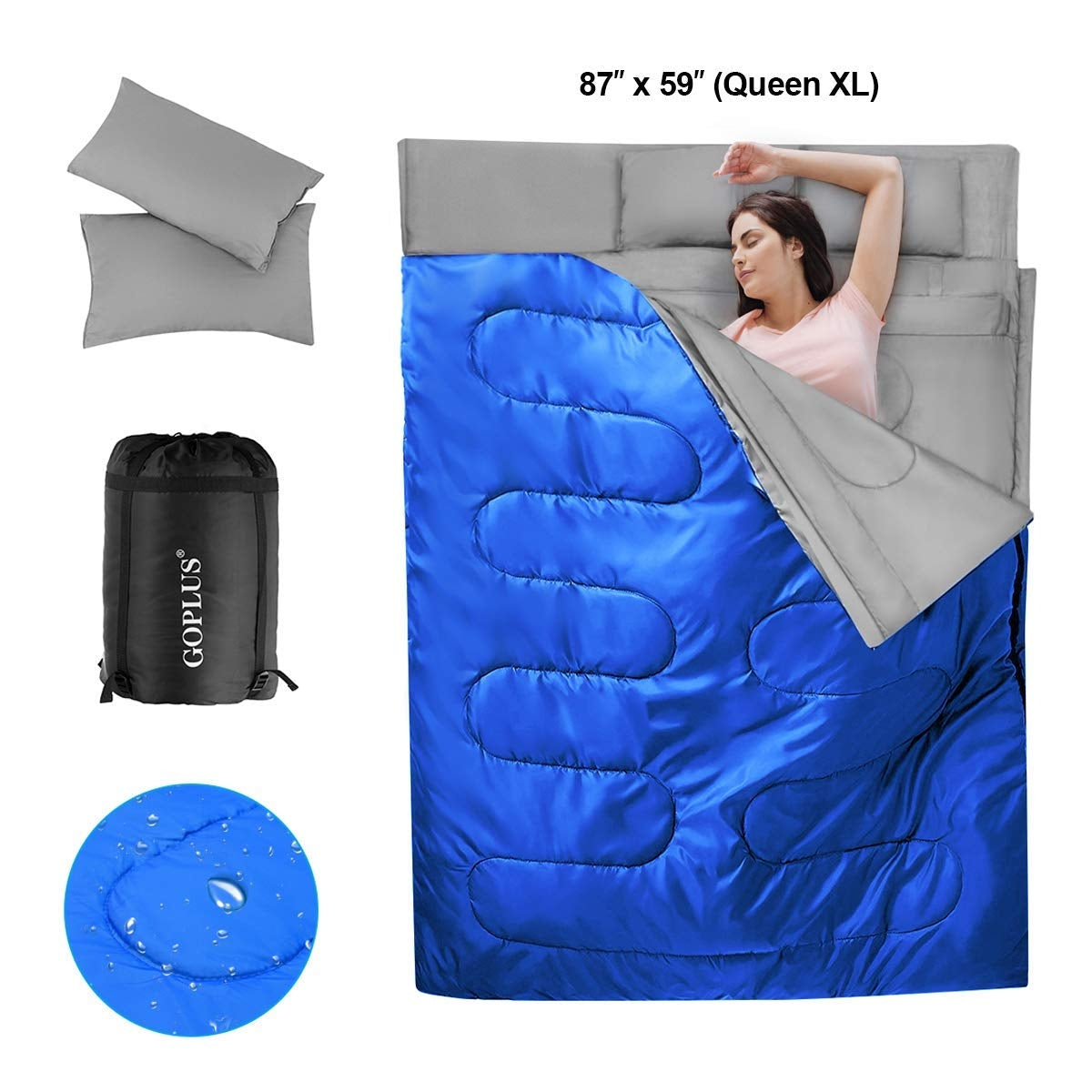 2 Person Waterproof Sleeping Bag with 2 Pillows-BlueÂ 