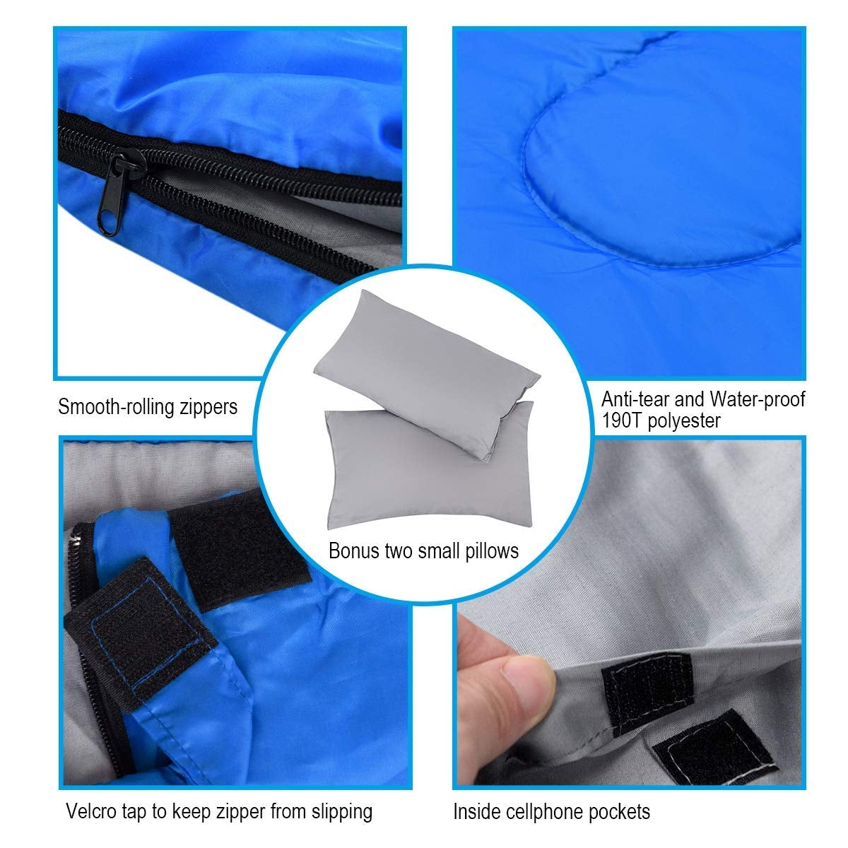 2 Person Waterproof Sleeping Bag with 2 Pillows-BlueÂ 