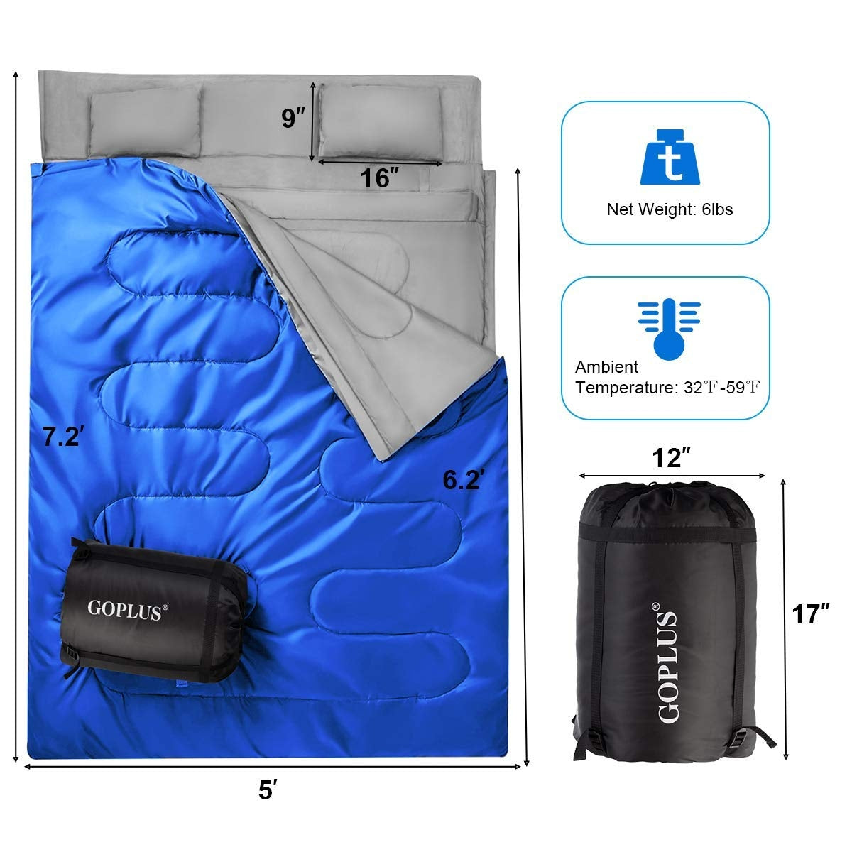 2 Person Waterproof Sleeping Bag with 2 Pillows-BlueÂ 