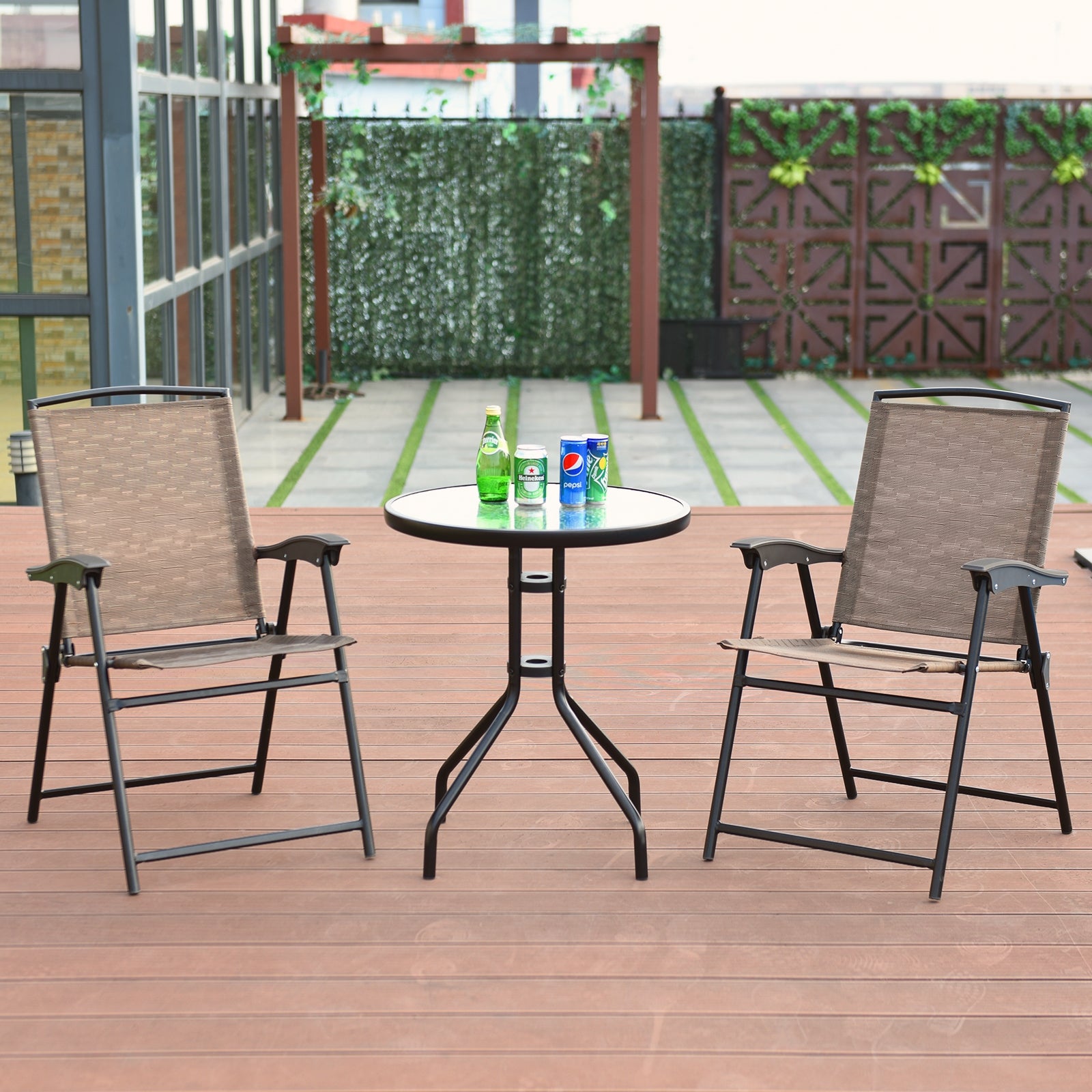 3 Pieces Bistro Patio Garden Furniture Set of Round Table and Folding Chairs