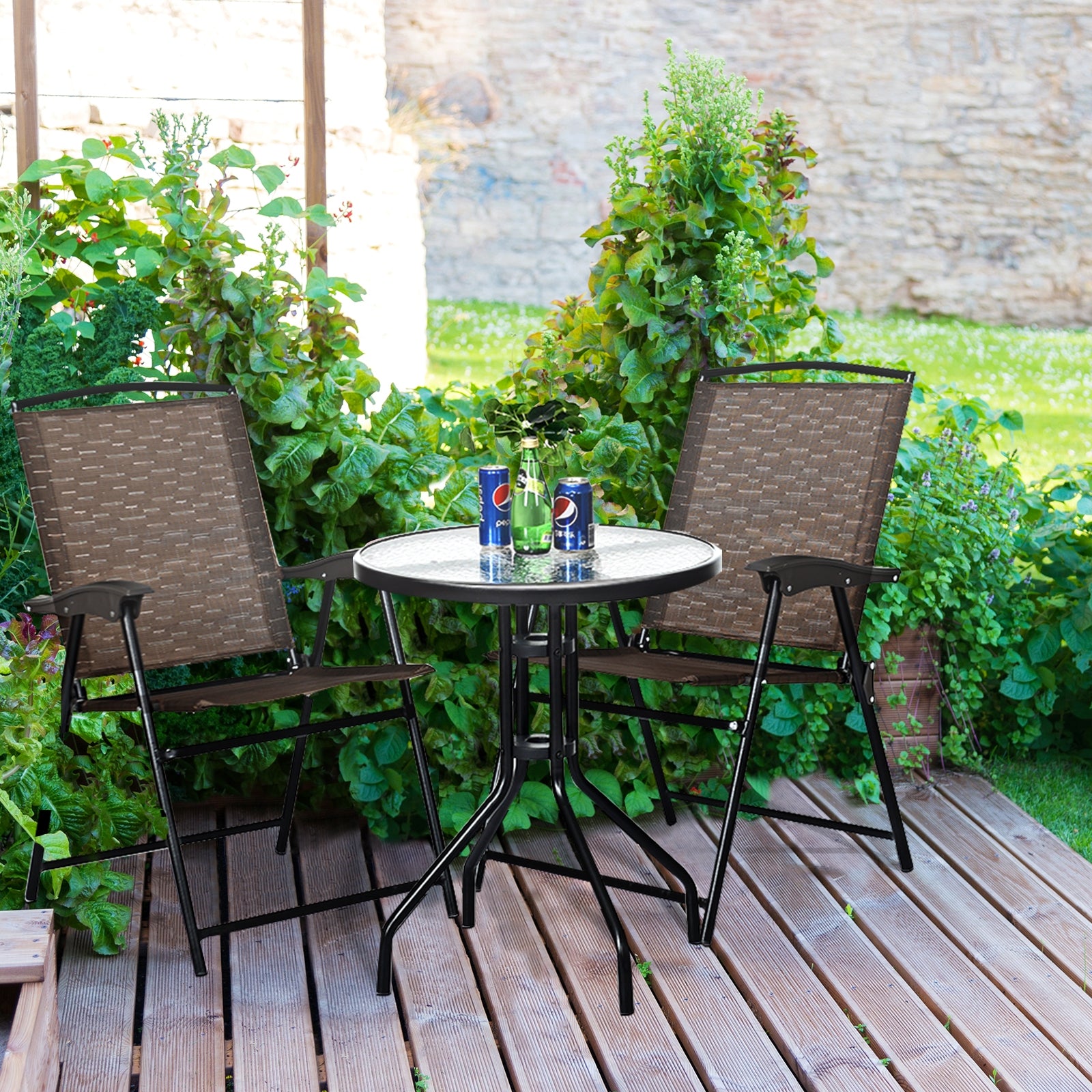 3 Pieces Bistro Patio Garden Furniture Set of Round Table and Folding Chairs