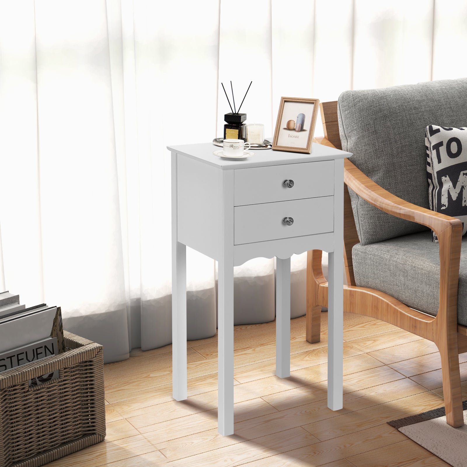 Vintage Side End Table with 2 Storage Drawers-White