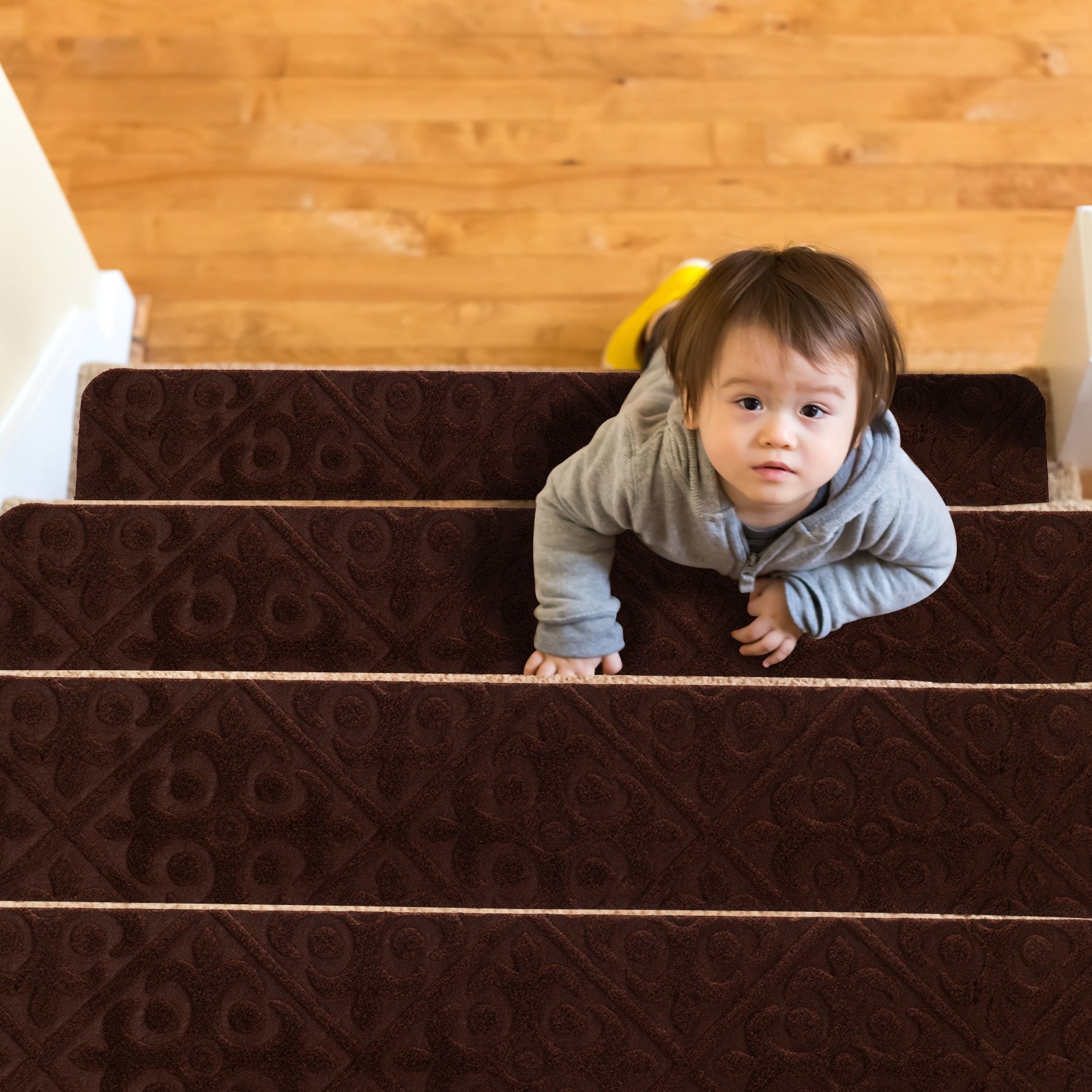 15Pcs Indoor Non-Slip Stair Carpet Mats for Wooden Steps-Brown 