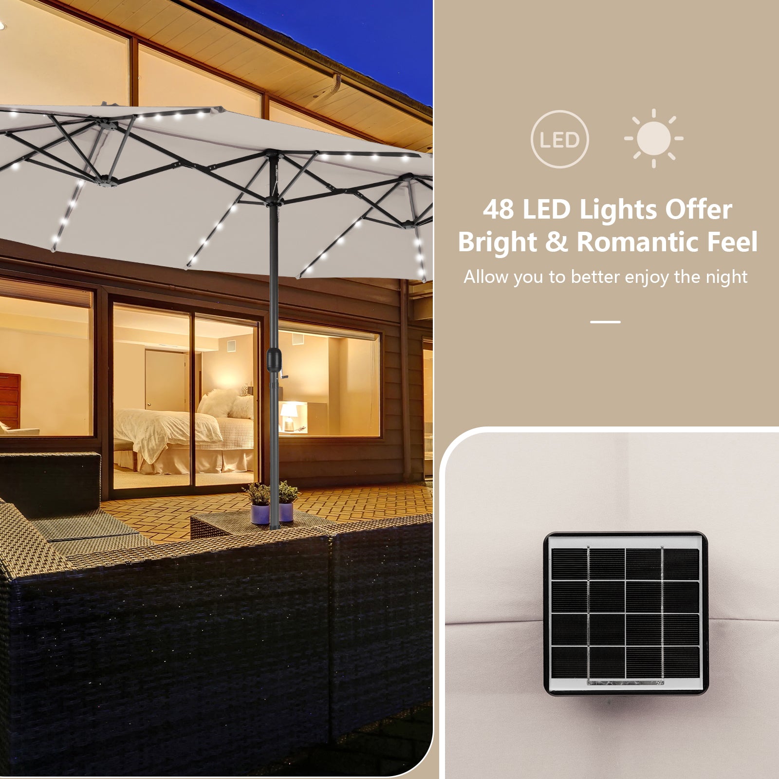 15 Feet Double-Sided Patio Umbrella with 48 LED Lights-Beige 