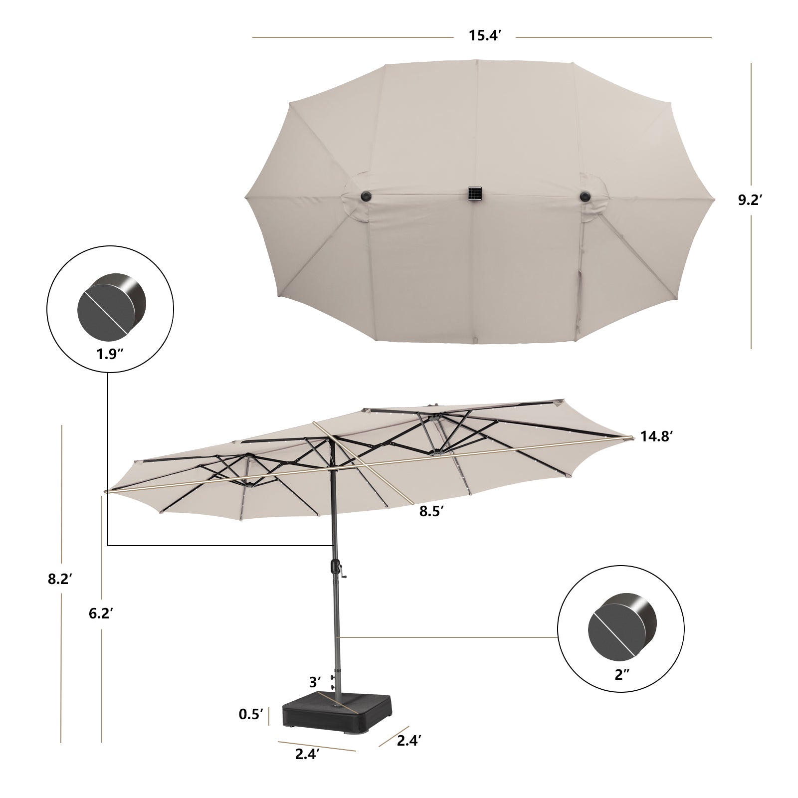15 Feet Double-Sided Patio Umbrella with 48 LED Lights-Beige 