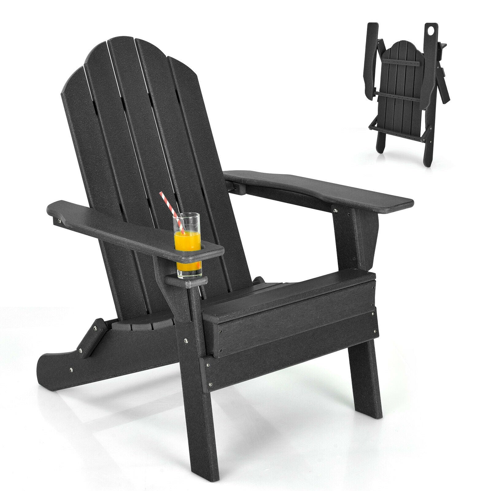 Foldable Weather Resistant Patio Chair with Built-in Cup Holder-Black