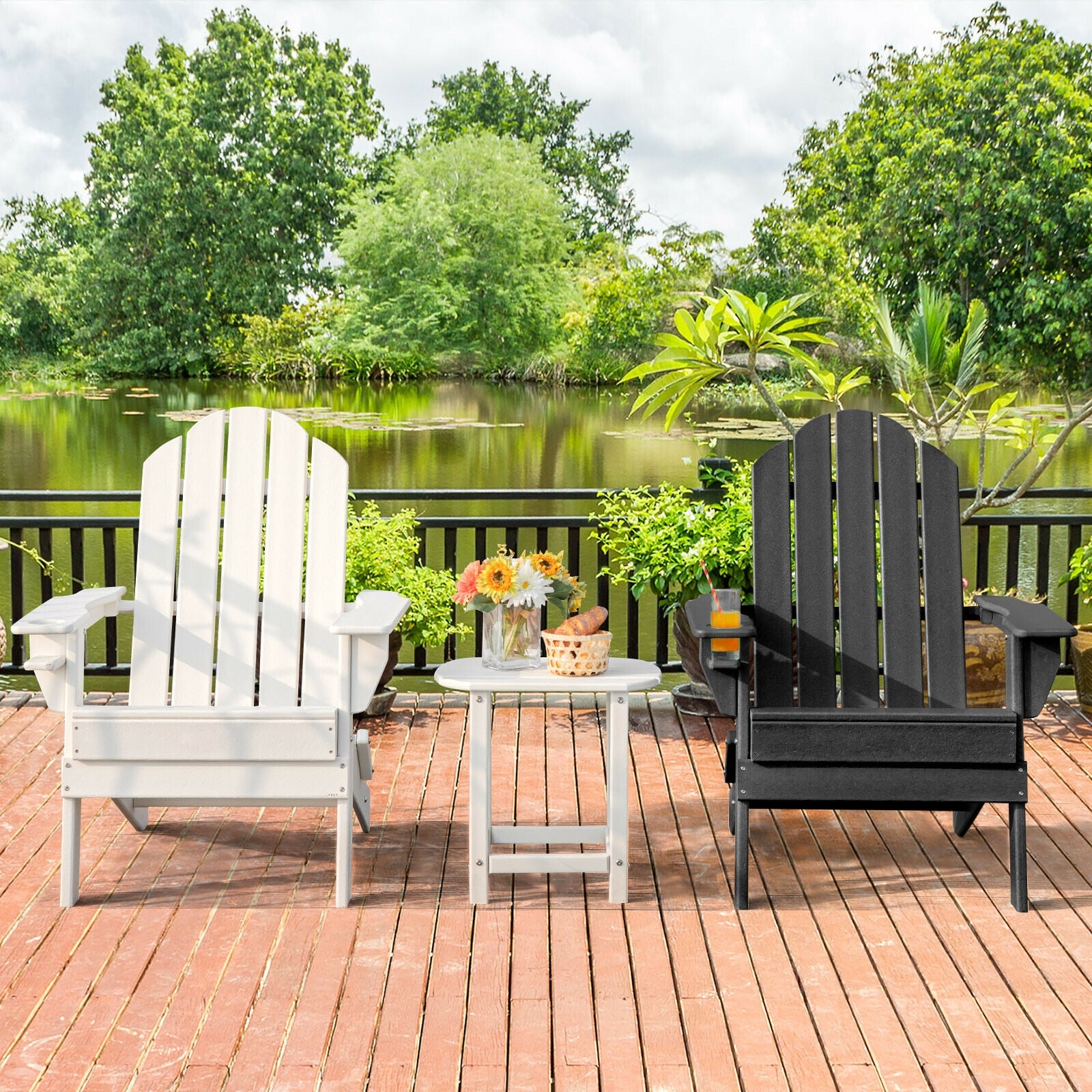 Foldable Weather Resistant Patio Chair with Built-in Cup Holder-Black 