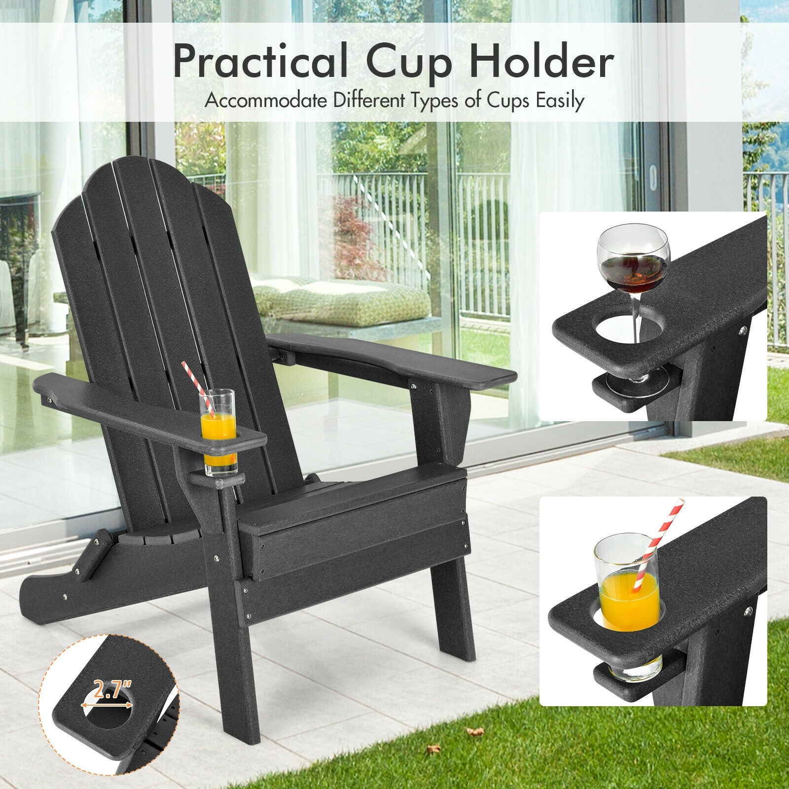 Foldable Weather Resistant Patio Chair with Built-in Cup Holder-Black