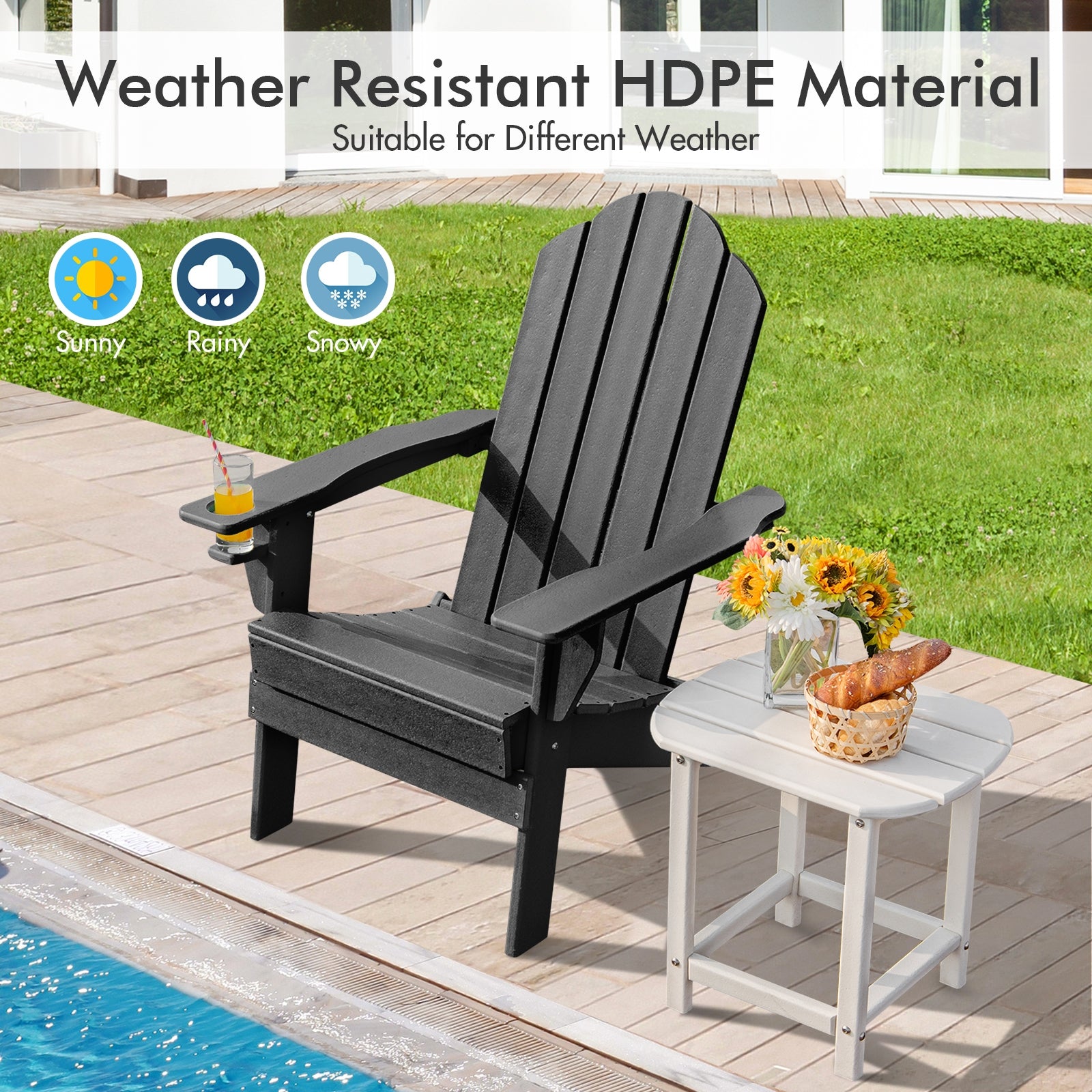 Foldable Weather Resistant Patio Chair with Built-in Cup Holder-Black 