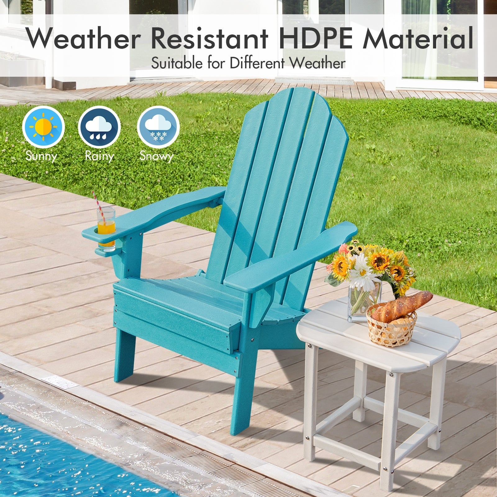 Foldable Weather Resistant Patio Chair with Built-in Cup Holder-Turquoise